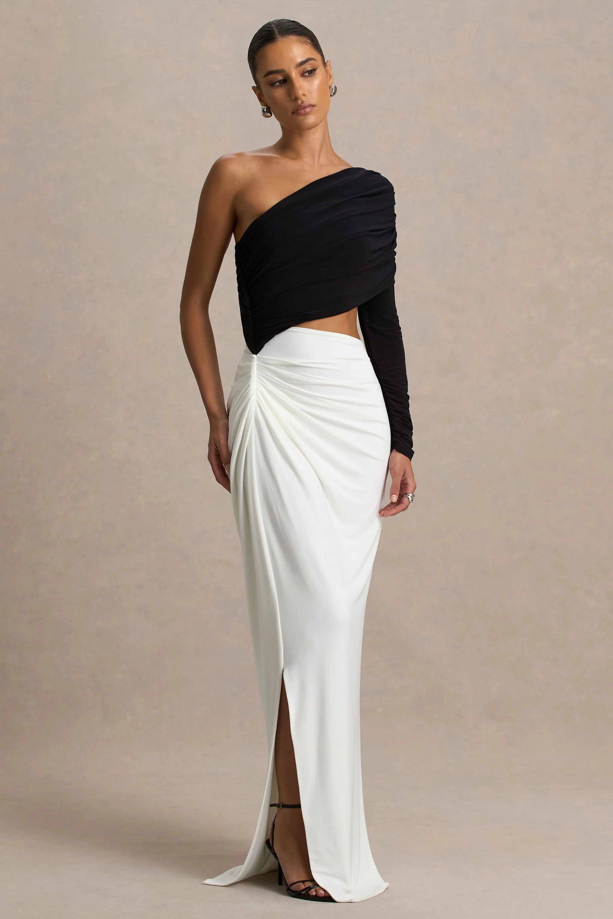 Malika Black And White Asymmetric Neck Maxi Dress With Body Cut Out And Gathered Detailing