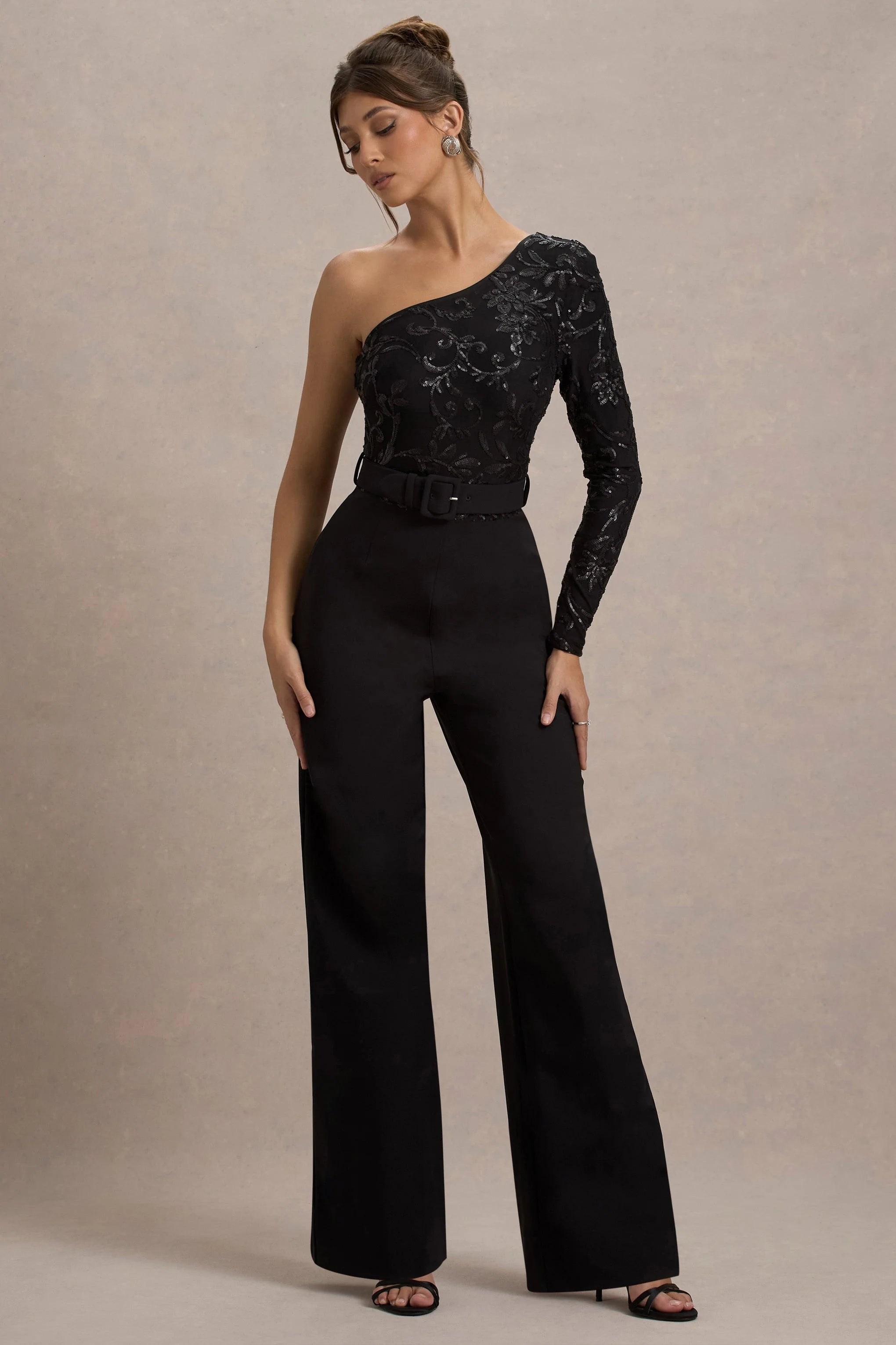 Upgrade Black Lace Asymmetric Belted Wide Leg Jumpsuit