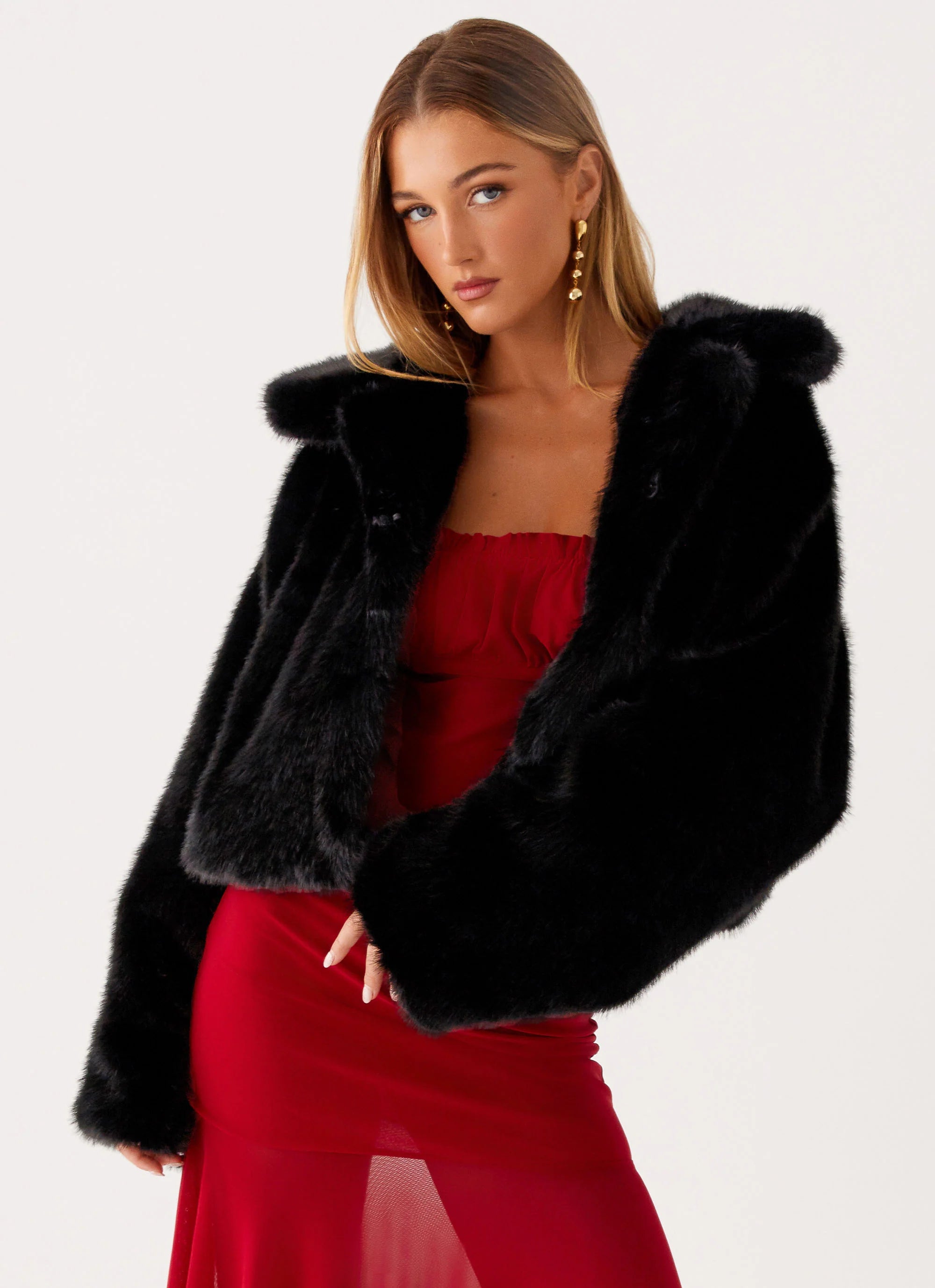 Carys Cropped Faux Fur Jacket Black