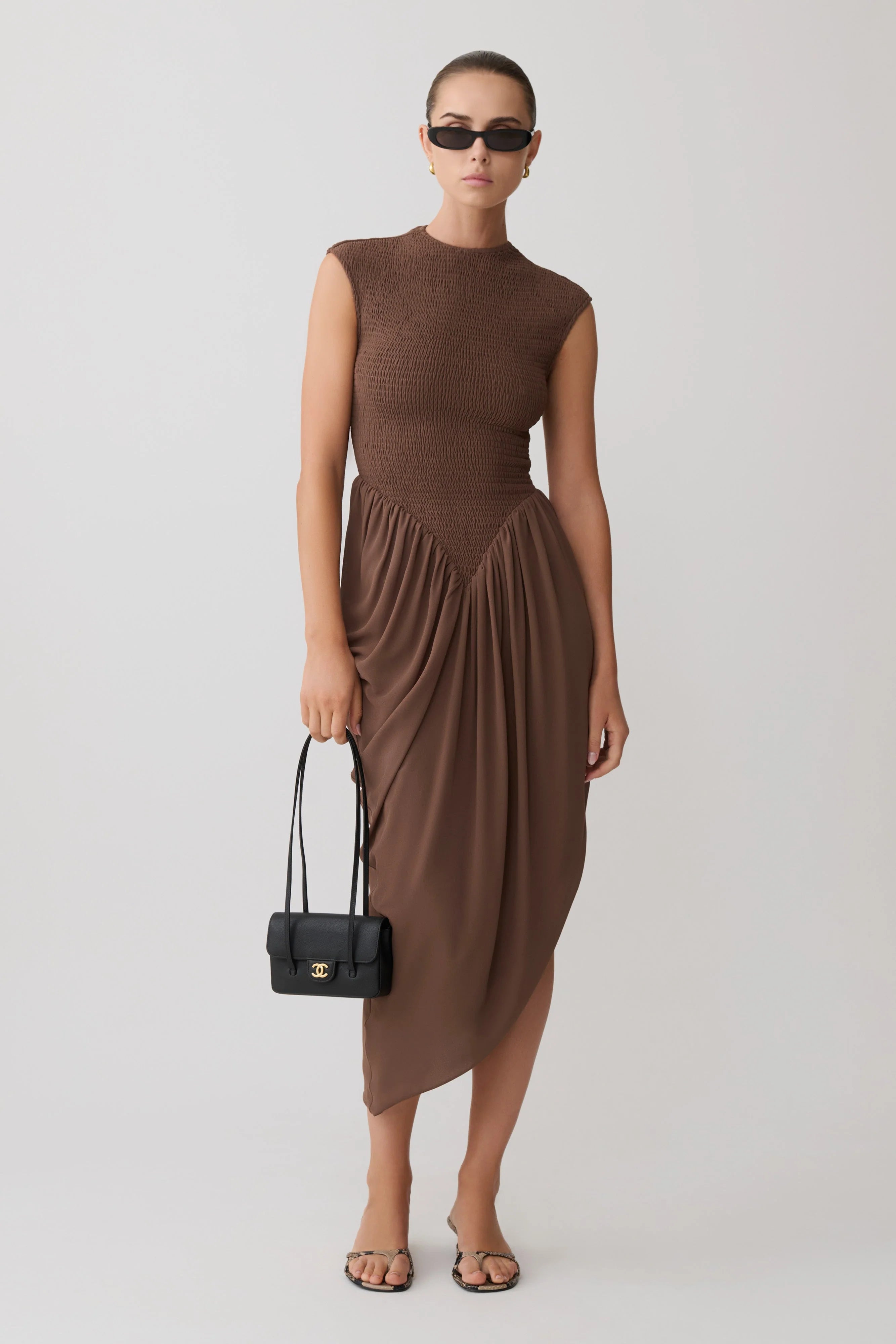Nola Shirred Asymmetric Midi Dress Mocha