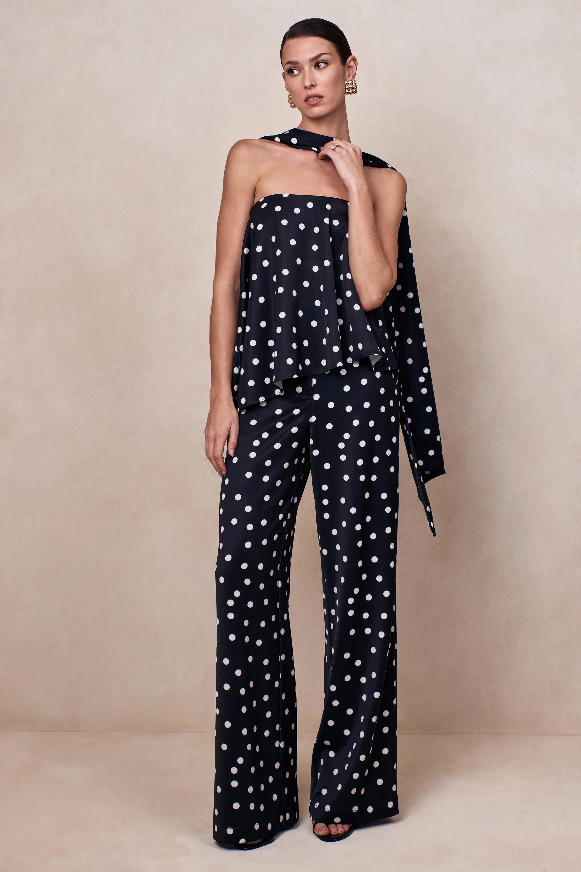 Evandra Black White Satin Polka Dot Bandeau Top With Scarf