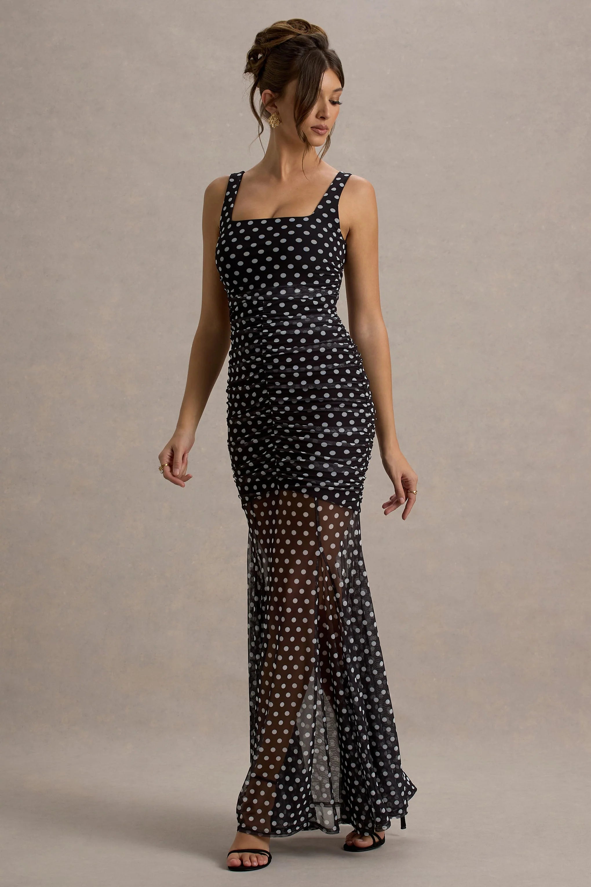 Galaxia Black White Polka Dot Maxi Dress With Mesh Skirt