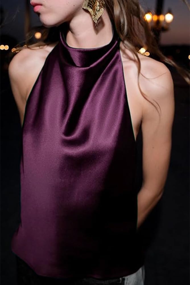 Women Halter Top Cowl Neck Backless Satin Silk Tank Tops Elegant Going Out Clubwear