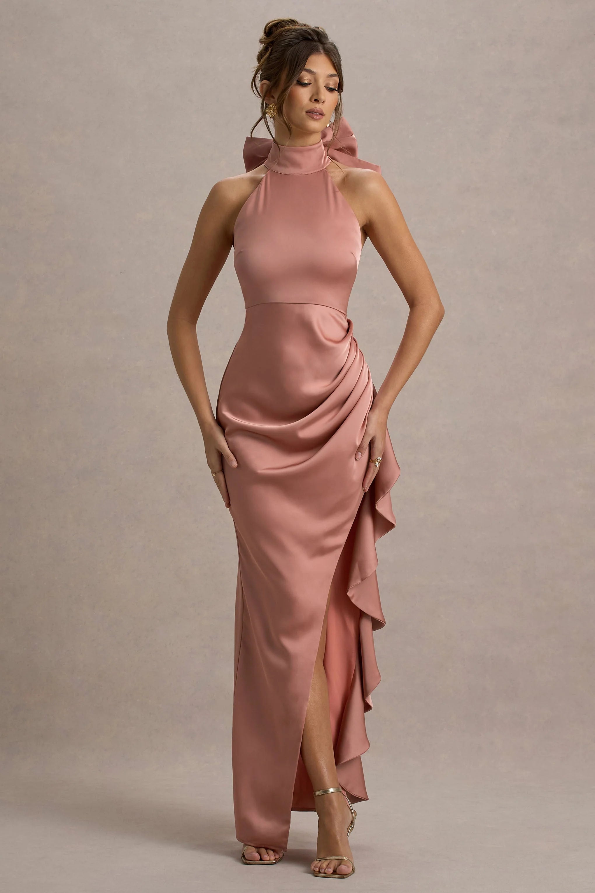 Maureen Pink Satin High Neck Draped Maxi Dress