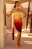 Dania Orange Ombre Bandeau Asymmetric Midi Dress With Tie Waist