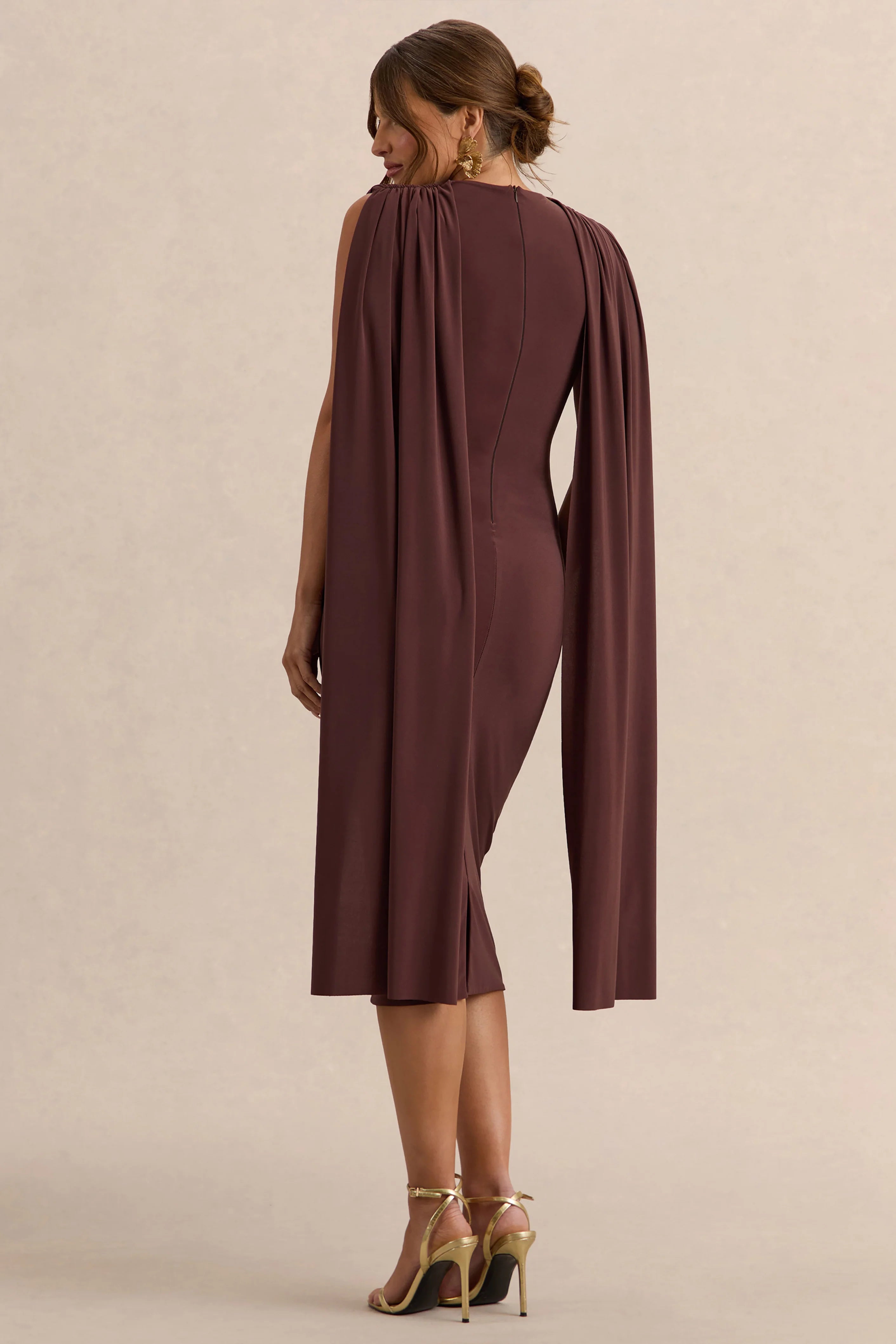 Milaine Dark Brown Round Neck Maternity Midi Dress With Cape Sleeves