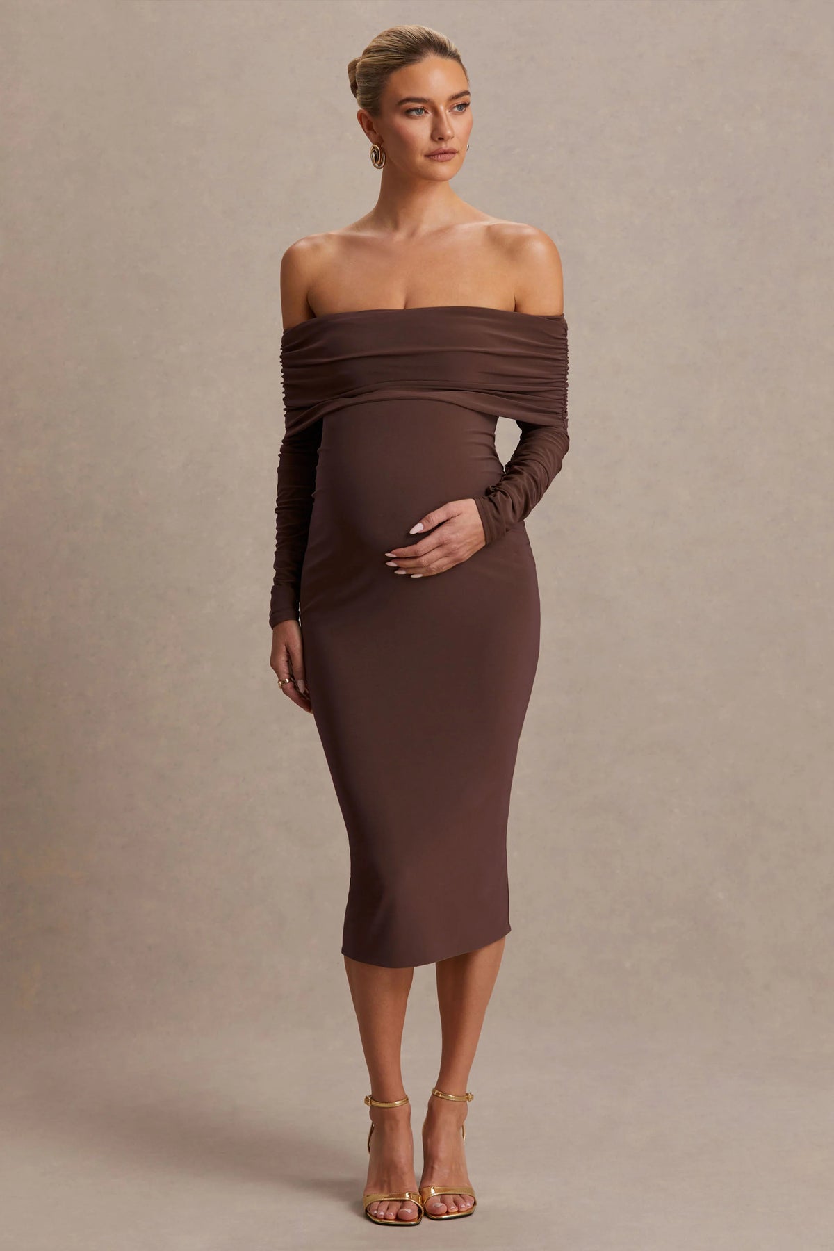 Elspeth Brown Bardot Neck Maternity Midi Dress