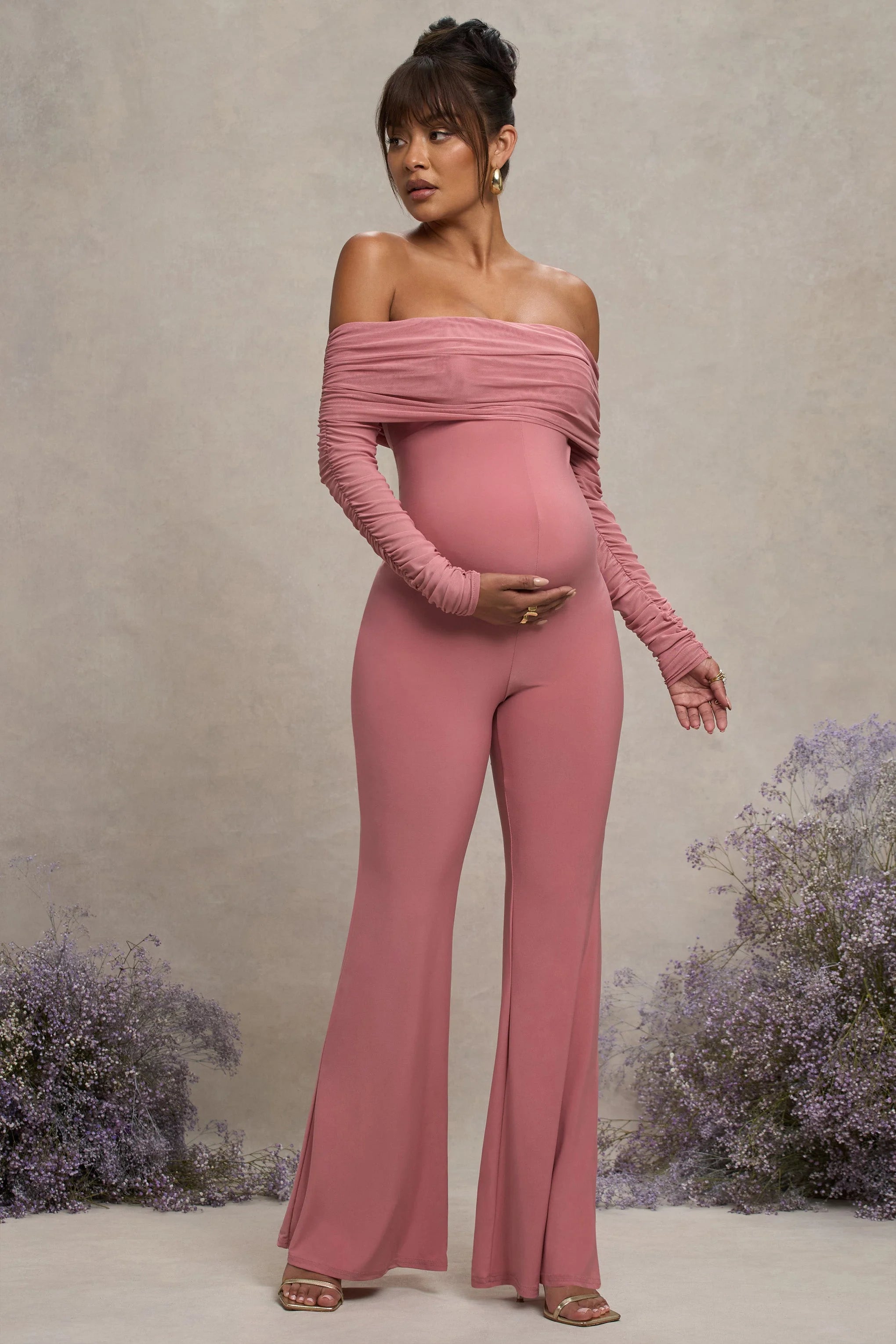 Count Down Blush Pink Maternity Ruched Mesh Bardot Jumpsuit