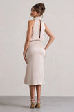 Geena Champagne Satin Twisted High Neck Midi Dress
