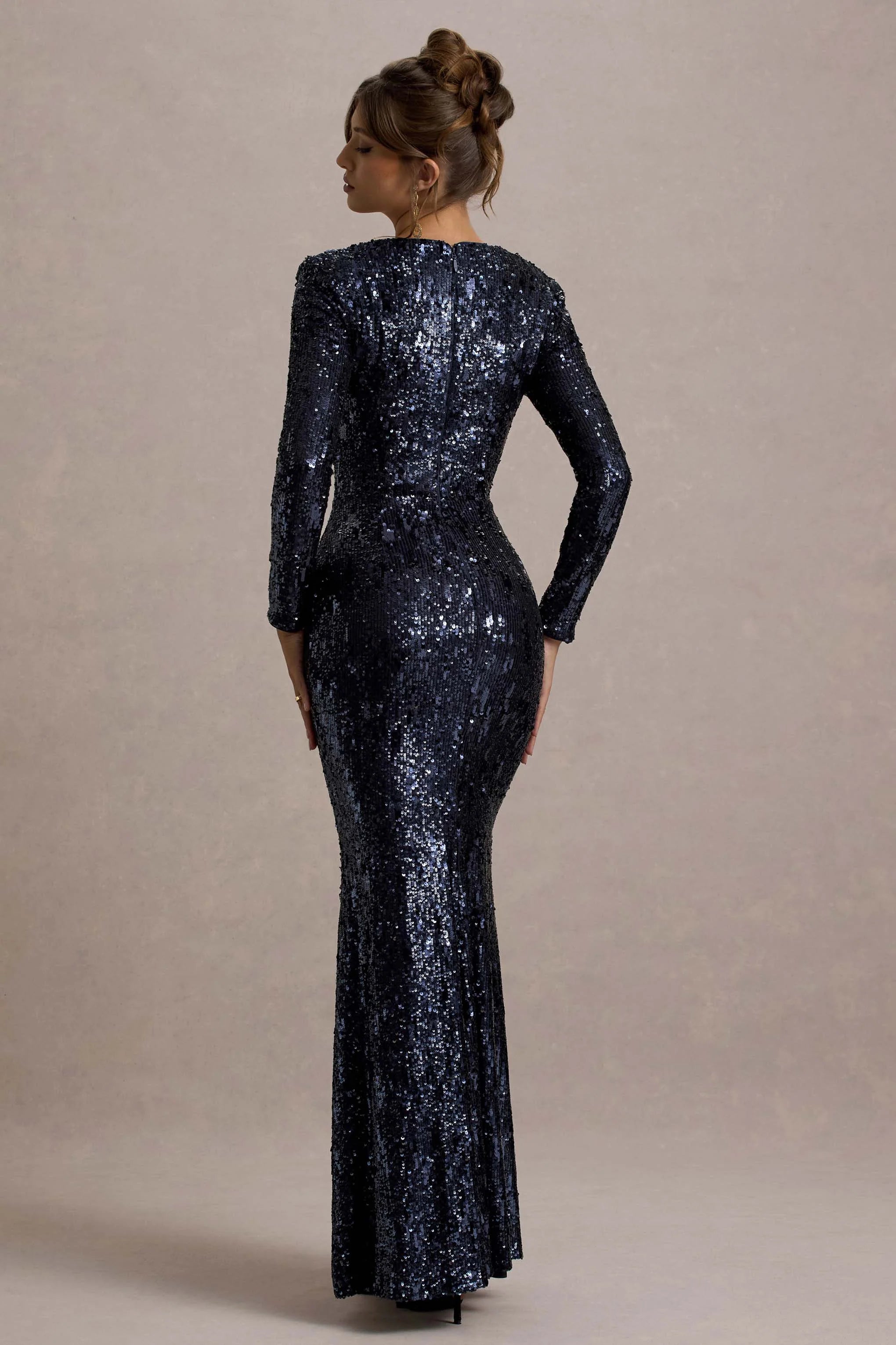 Ensley Navy Sequin Sweetheart Long Sleeve Maxi Dress