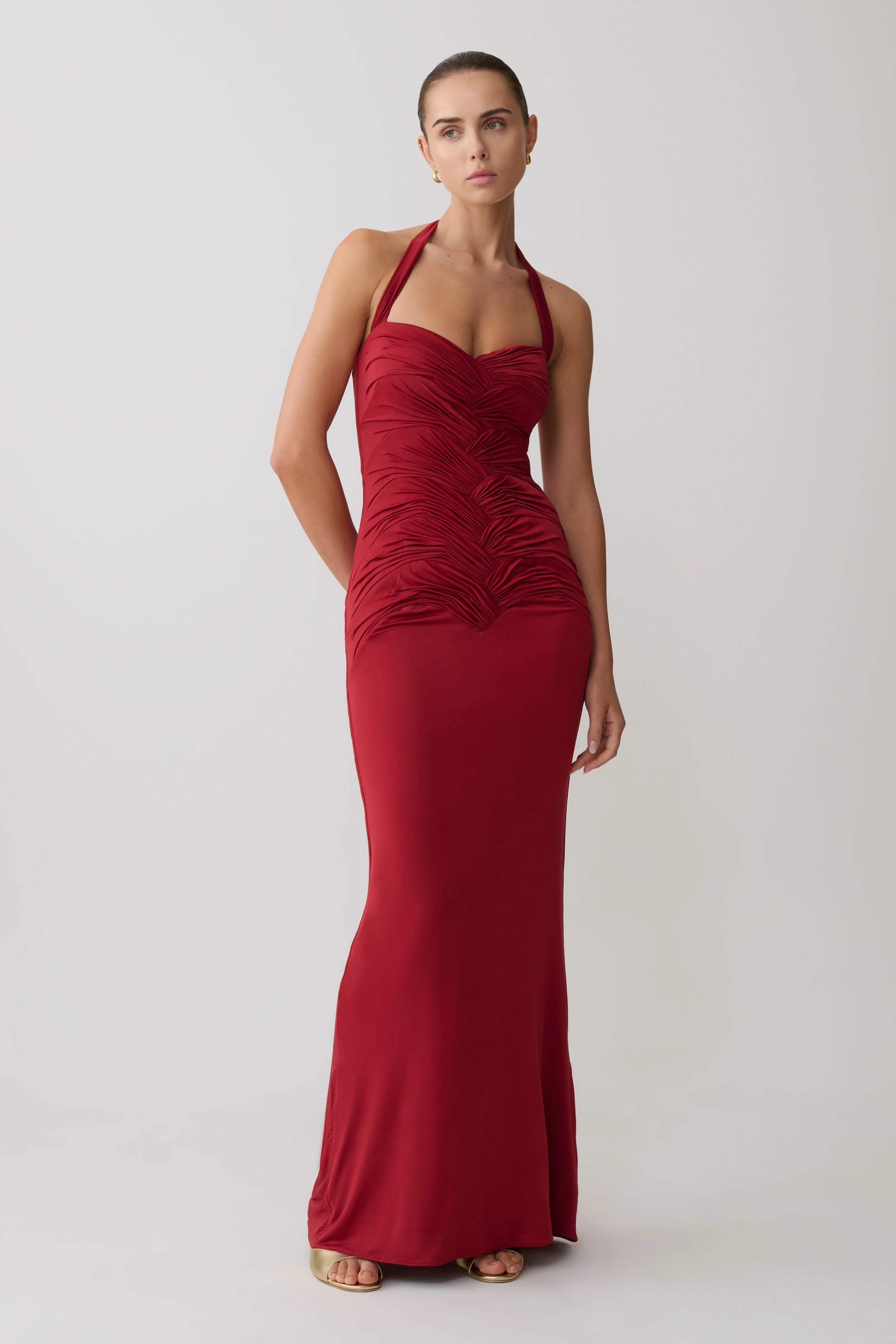 Hoai Gathered Slinky Halter Maxi Dress Deep Red