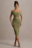 Clovette Olive Ruched Bardot Cut Out Midi Dress