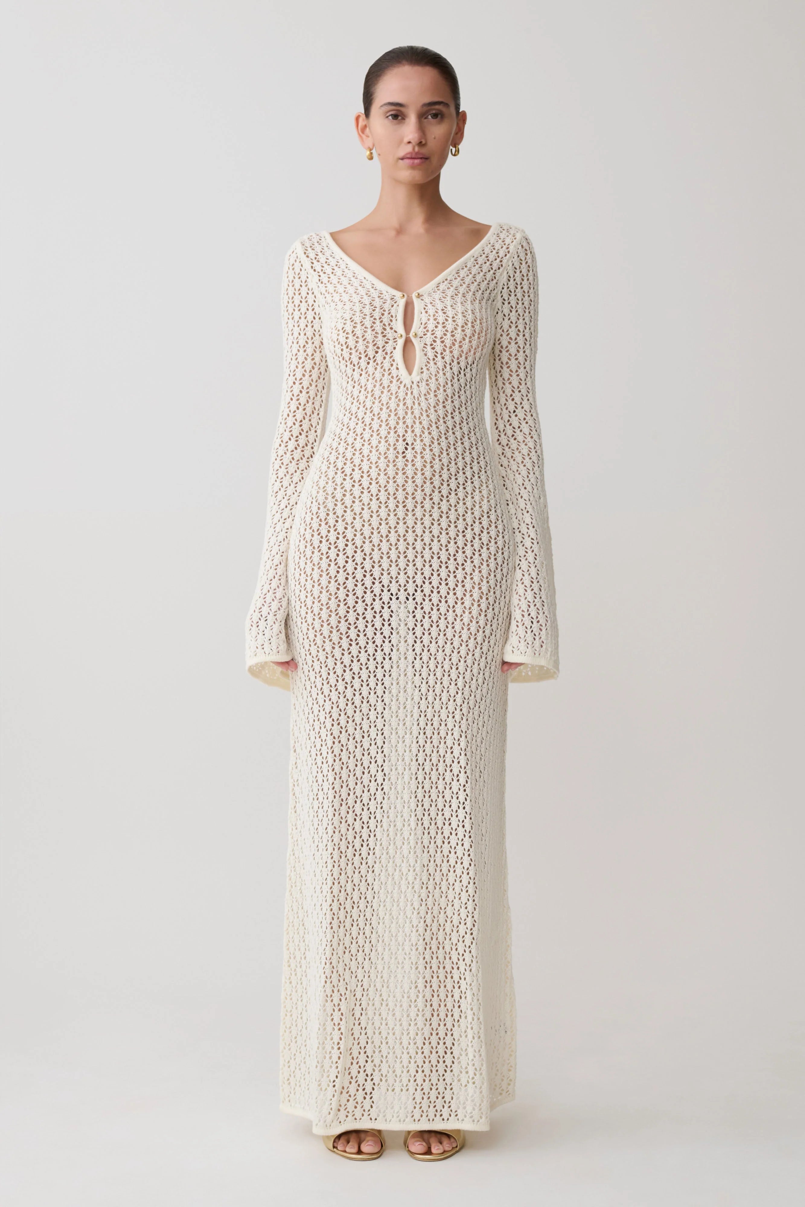 Kayleigh Crochet Fishtail Flare Sleeve Maxi Dress White