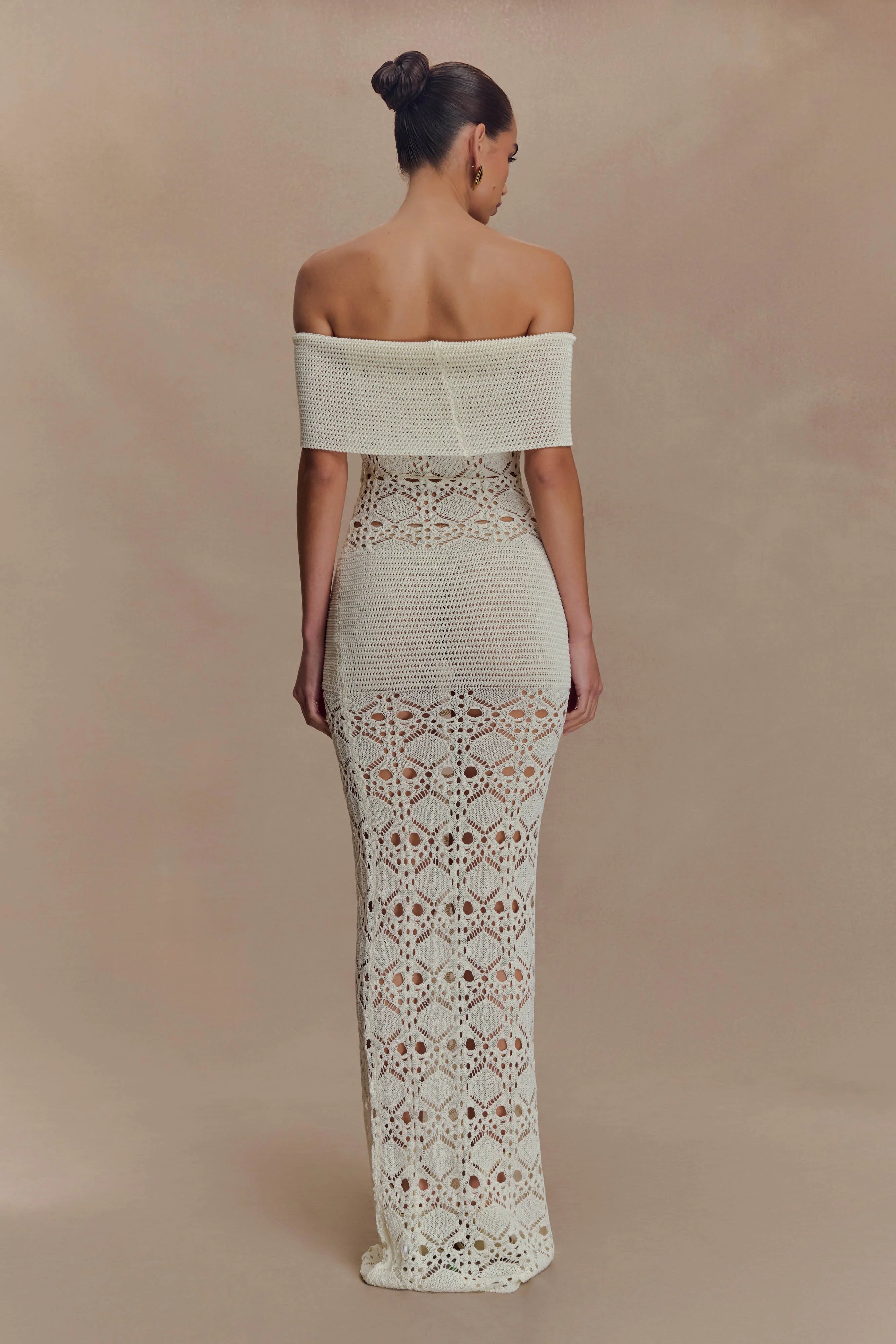 Solstice Off Shoulder Crochet Knit Maxi Dress Ivory