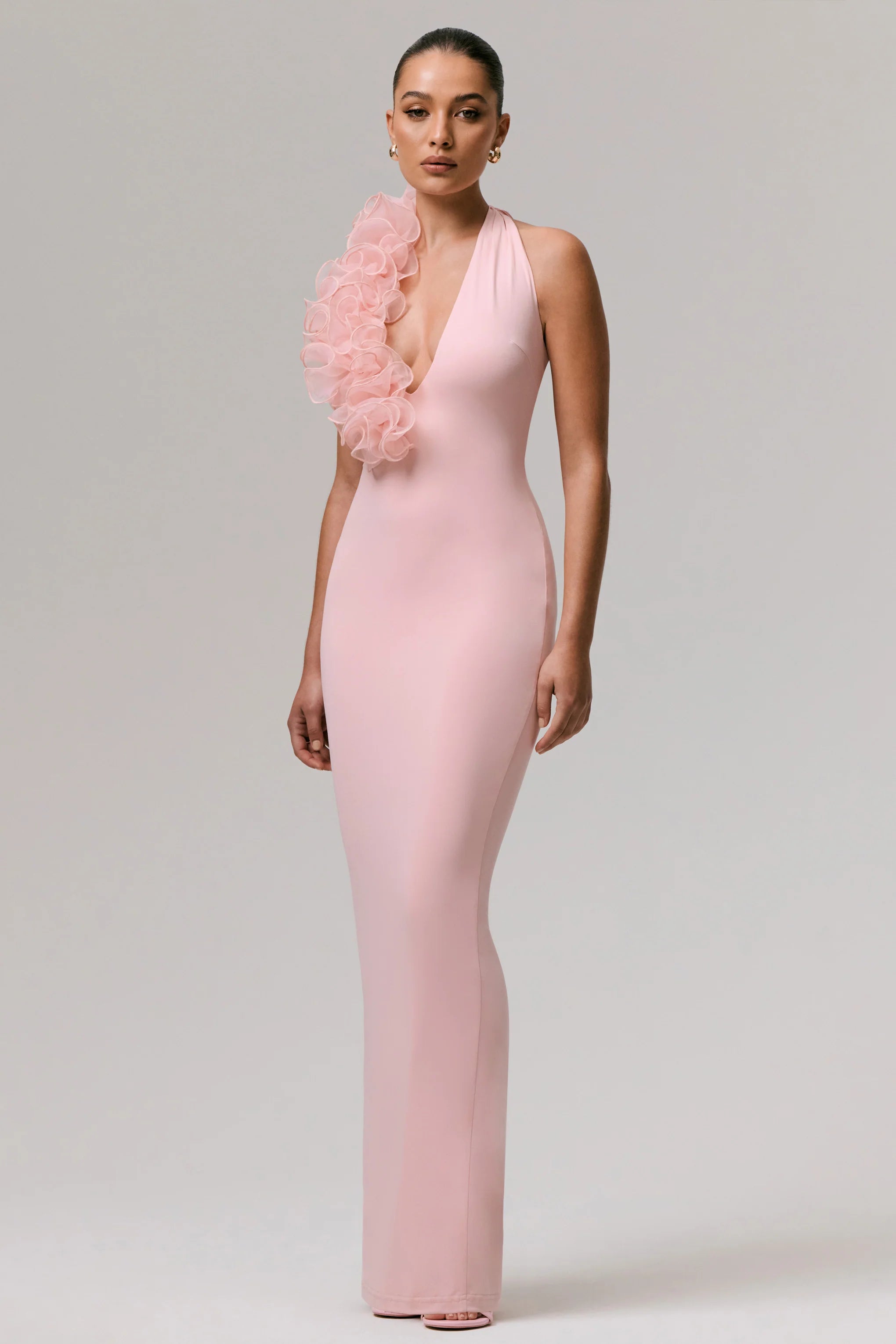 Harriet Pink Plunge Neck Maxi Dress With Floral Detail