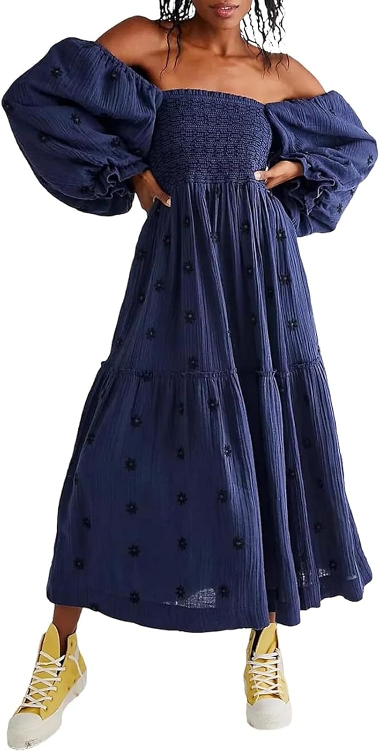 Women Floral Embroidered Maxi Dress Long Puff Sleeve Square Neck Bohemian Flowy Dress with Pockets Summer Fall