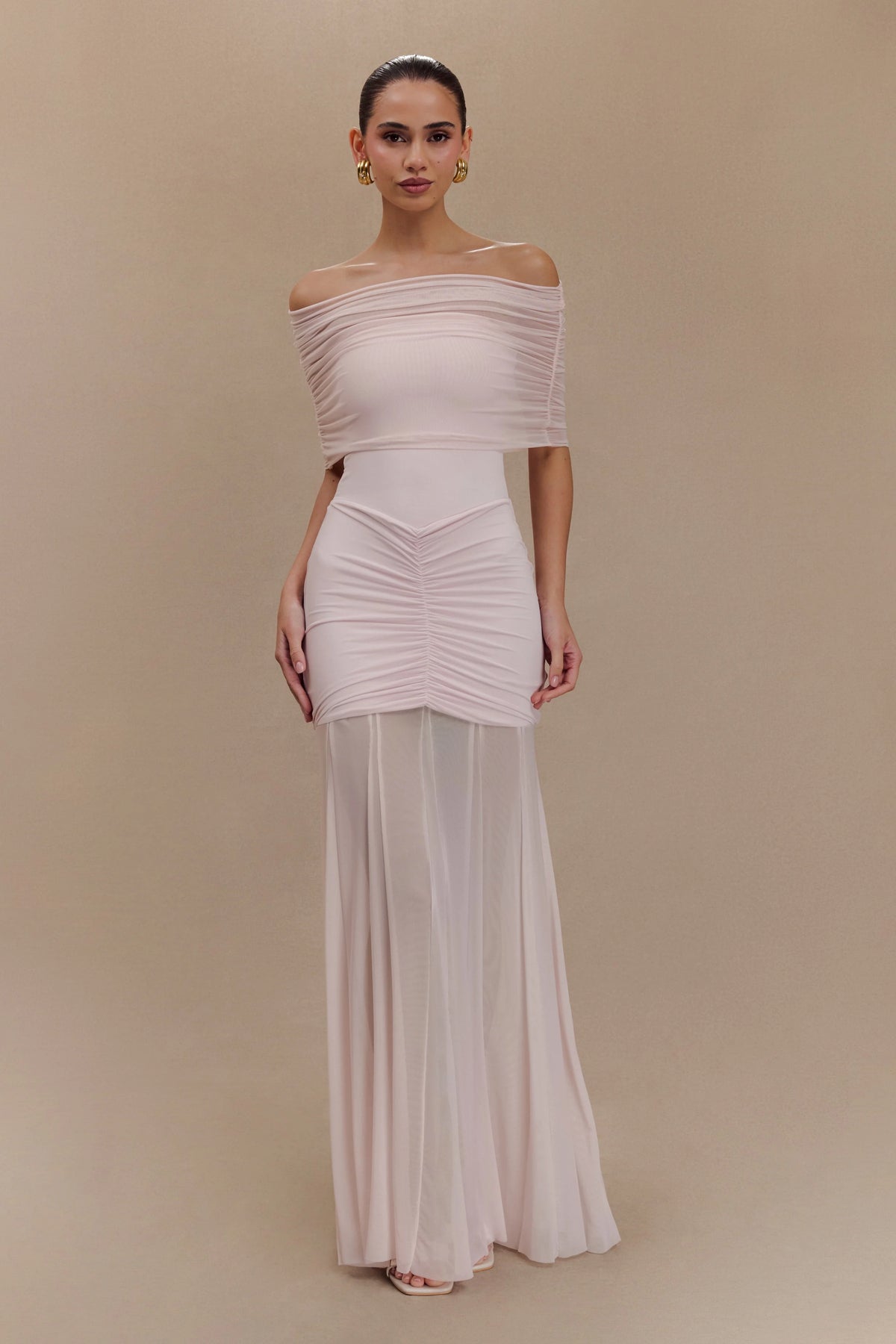 Caspian Slinky And Mesh Off Shoulder Maxi Dress Pale Pink