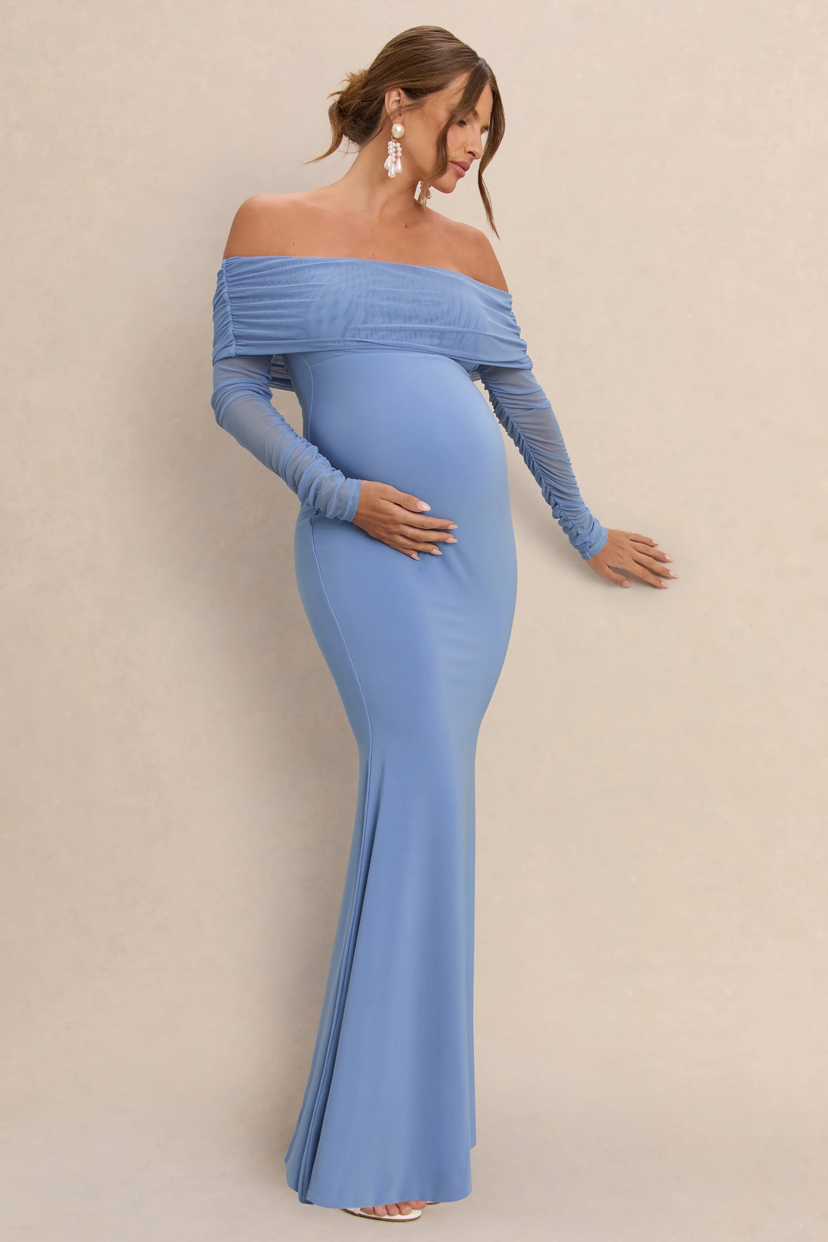 Pretty Perfect Powder Blue Maternity Ruched Mesh Bardot Maxi Dress