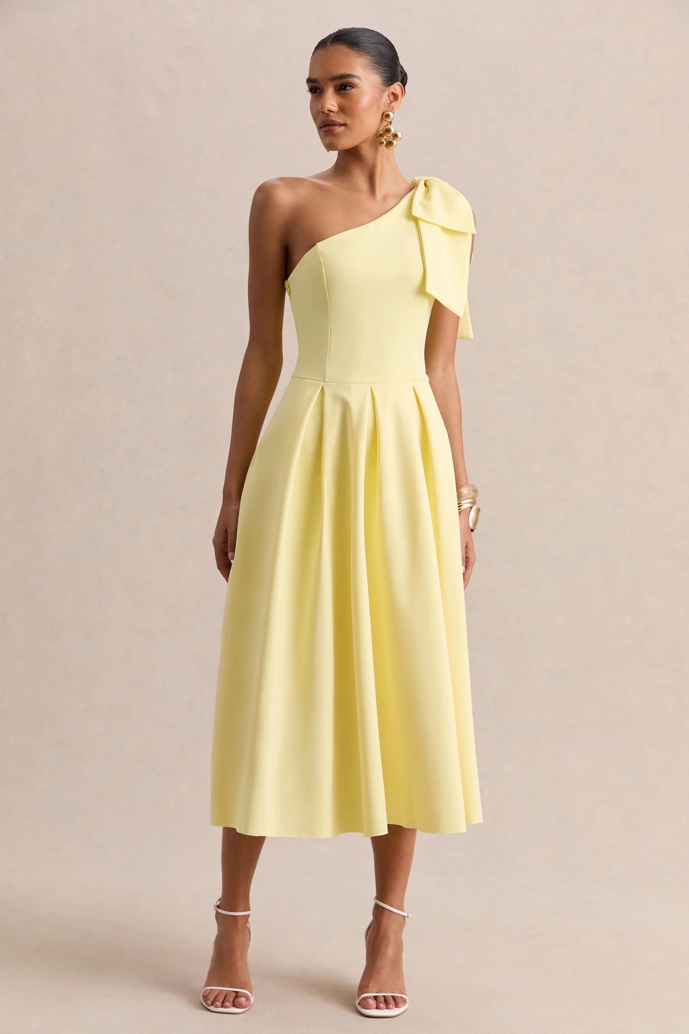 Meria Lemon Asymmetric Neck Midi Dress With Bow Sleeve