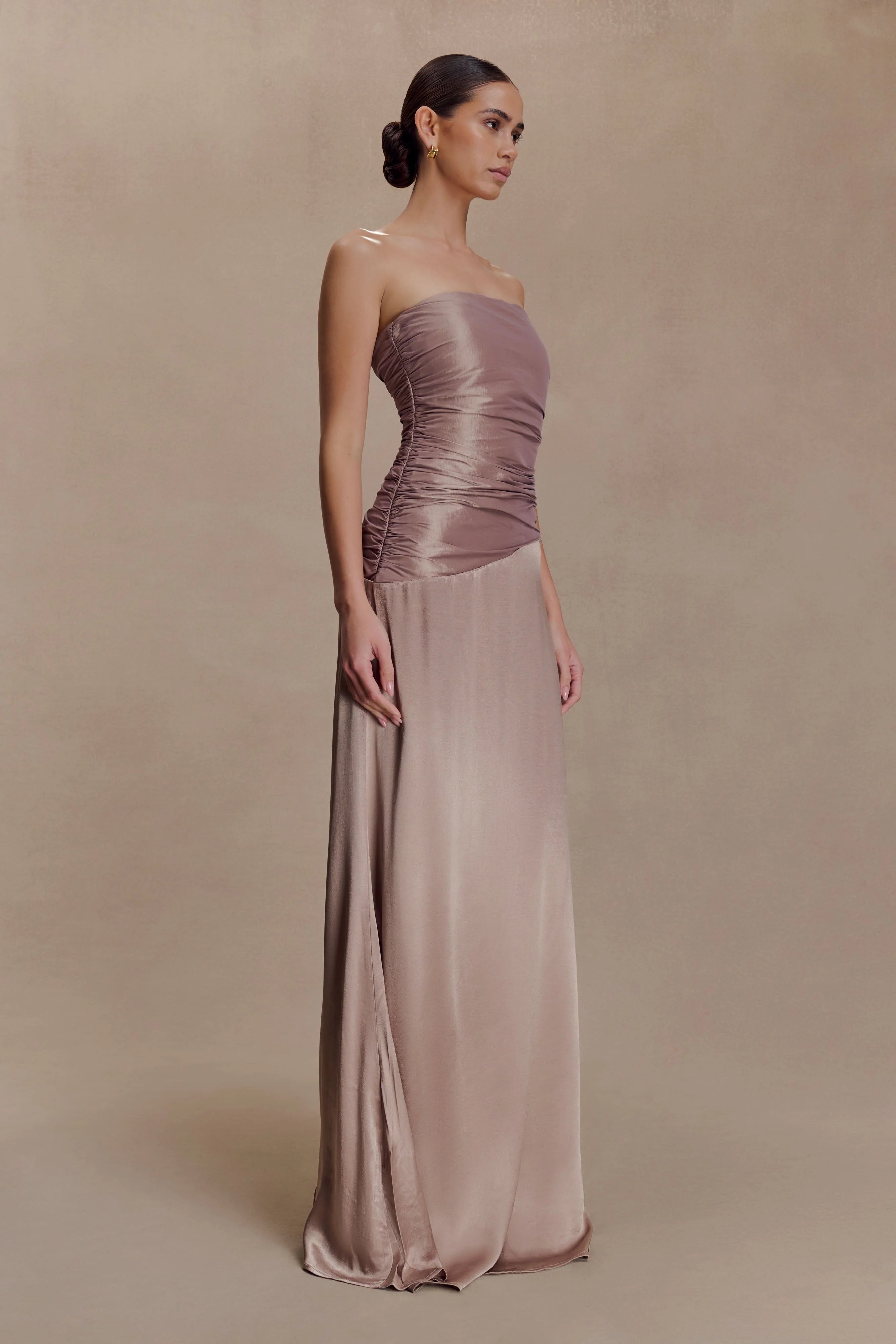 Serena Strapless Taffeta Maxi Dress Bronze Taupe