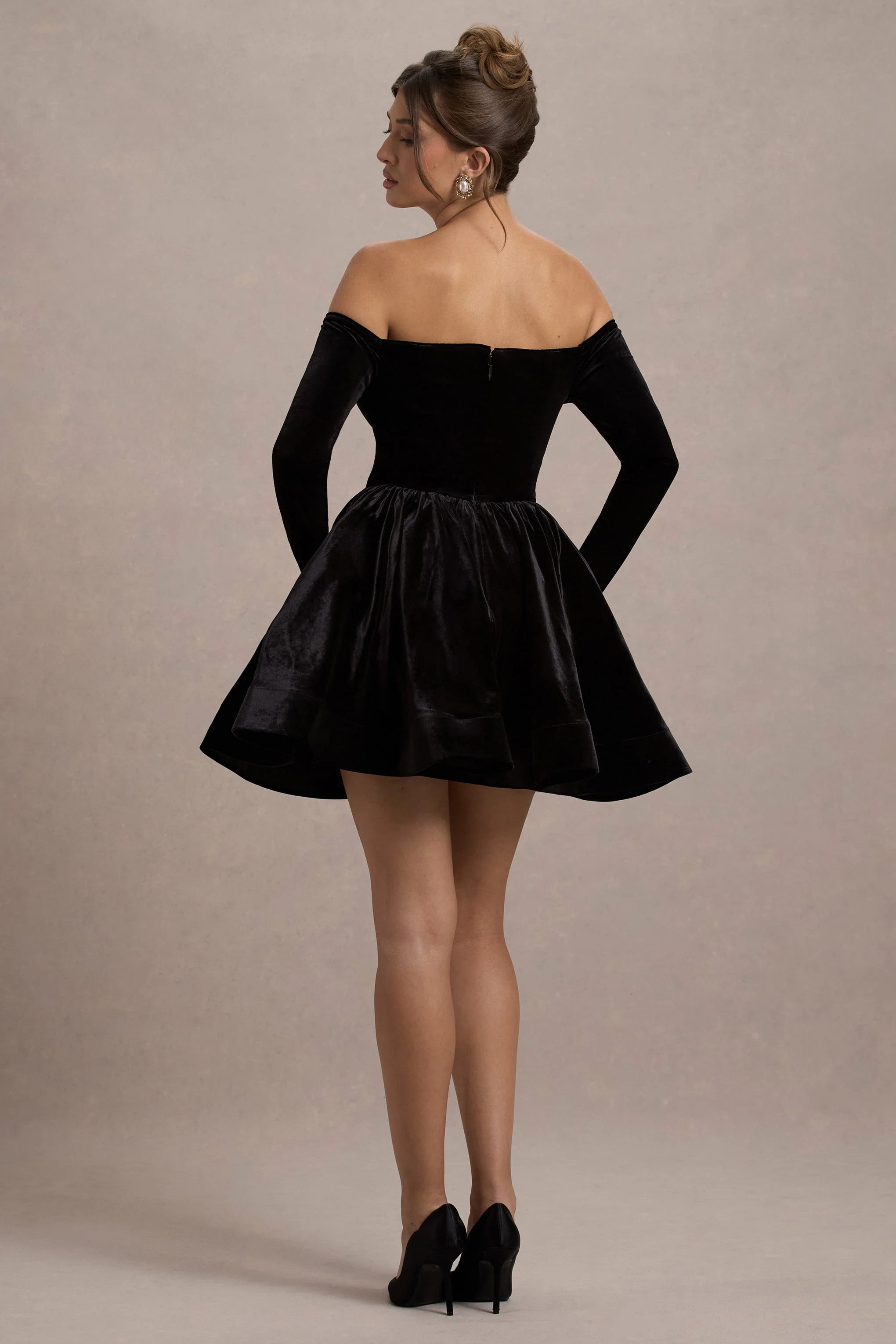 Ottie Black Velvet Bardot Skater Mini Dress