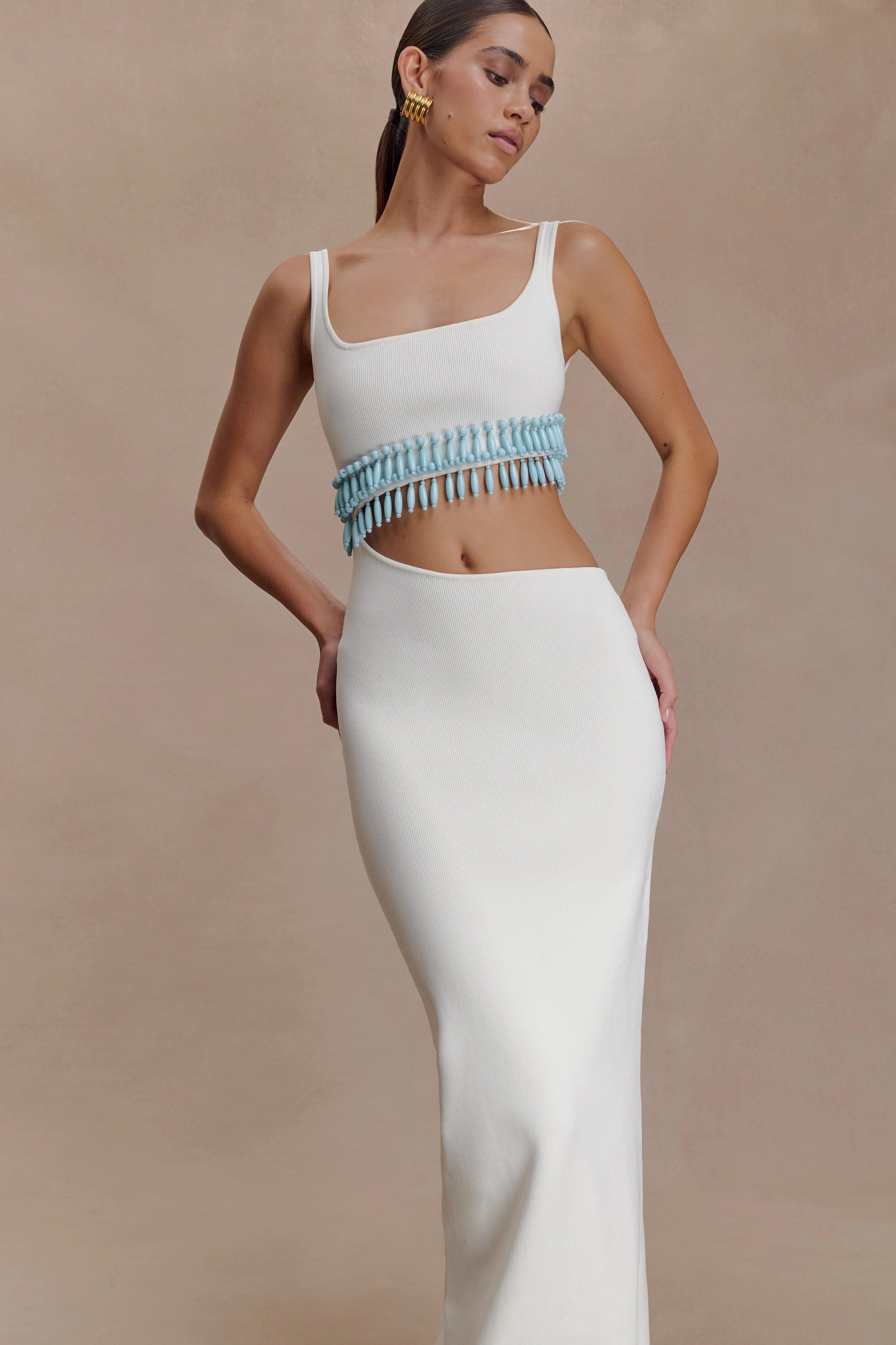 Ruvic Knit Maxi Beaded Dress White