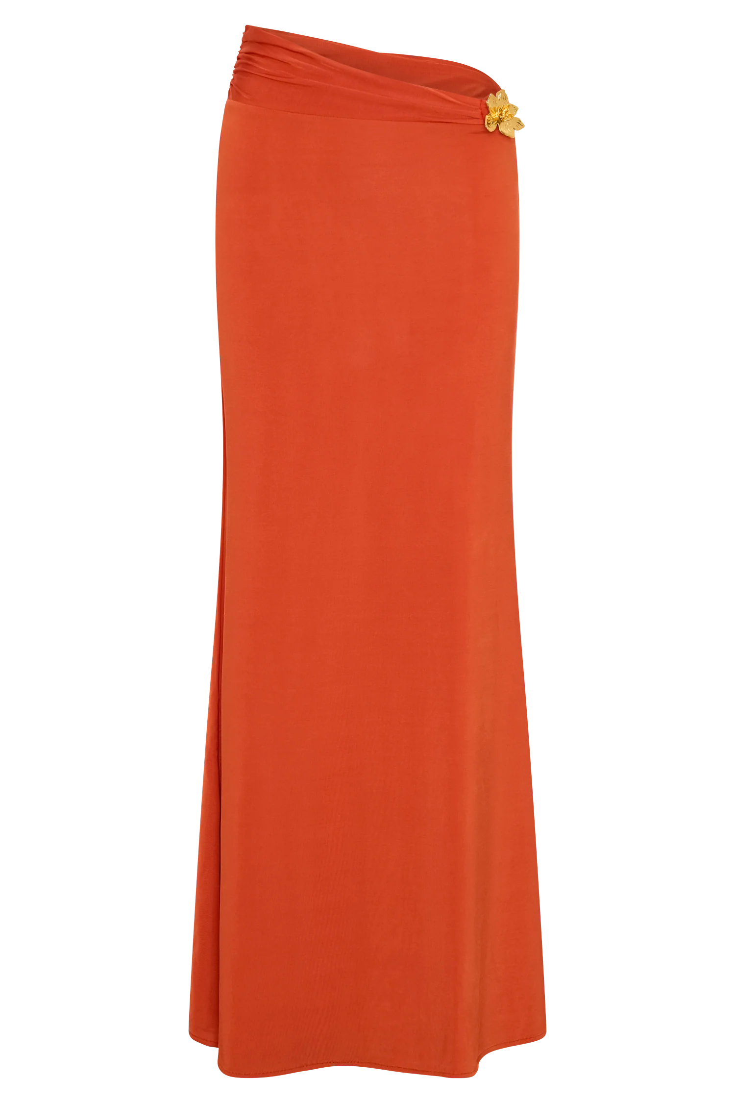 Ainsley Asymmetrical Maxi Skirt With Floral Hardware Burnt Orange