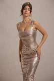 Sweet Spark Rose Gold Sequin Square Neck Midi Dress