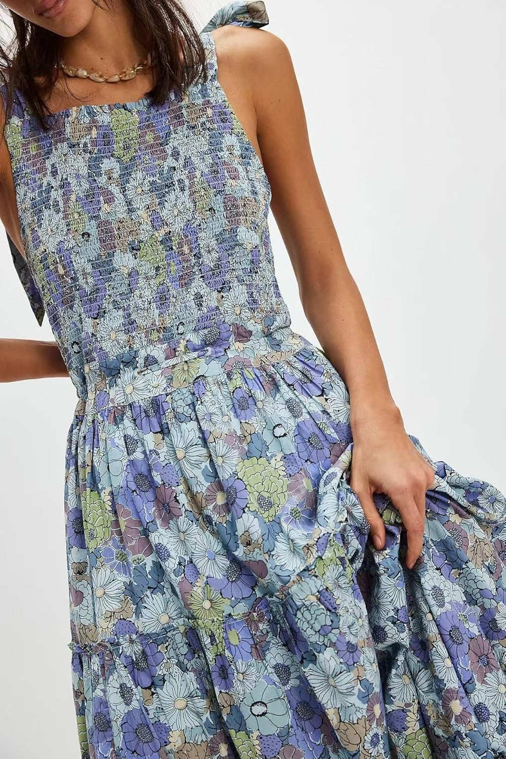 Women Floral Maxi Dress Tie Shoulder Cutout Backless Boho Smocked Flowy Dresses Summer Fall Sundress