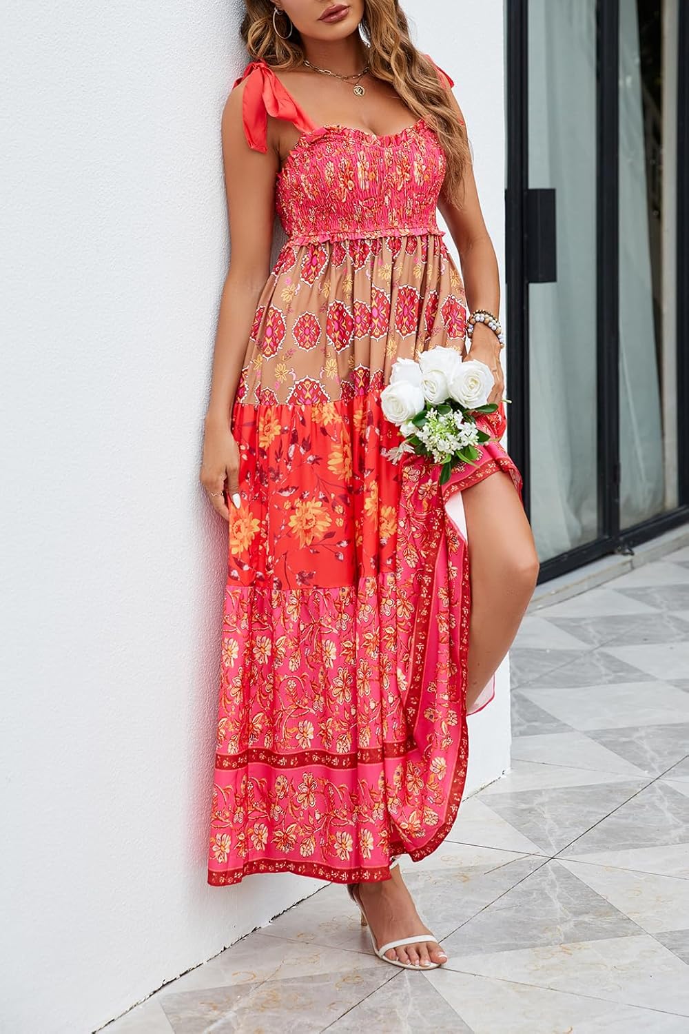 Women Floral Maxi Dress Tie Shoulder Patchwork Smocked Flowy Boho Dress with Pockets Summer Vacation Sundress
