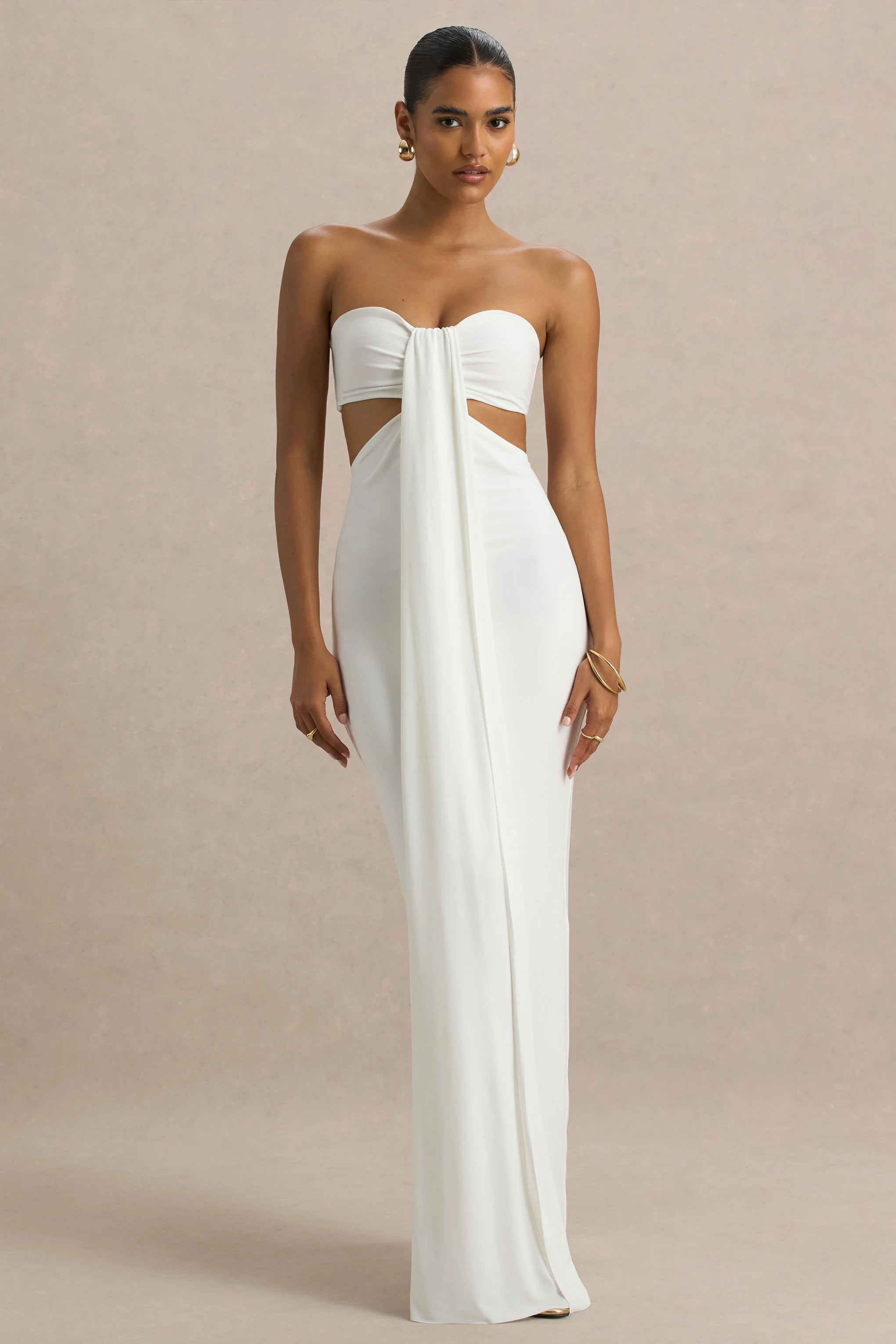 Elixir Cream Sweetheart Neck Maxi Dress with Cut Out Details