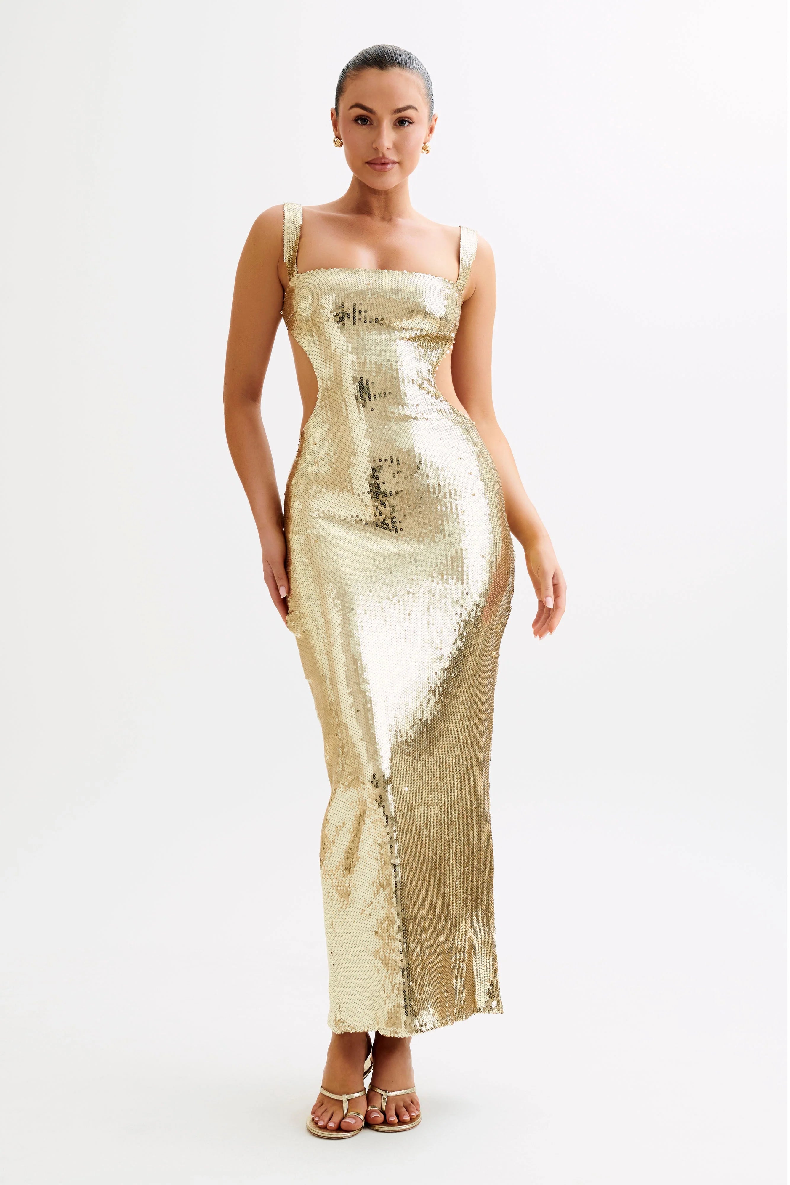 Adoria Sequin Cut Out Maxi Dress Gold