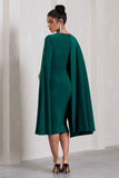 Marysol Bottle Green Asymmetric Cape Midi Dress
