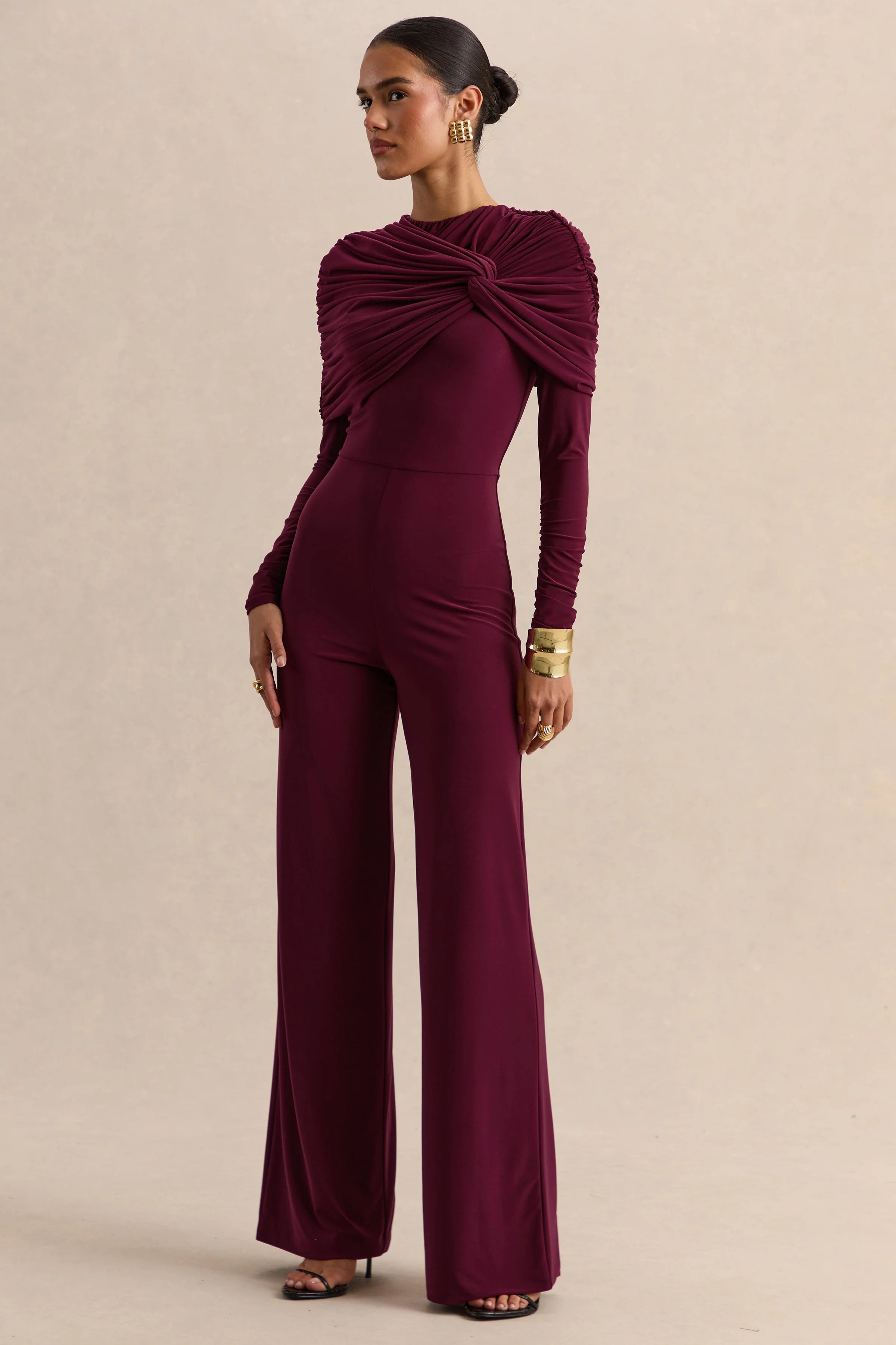 Eloura Burgundy High Neck Jumpsuit With Twist Gathered Detail