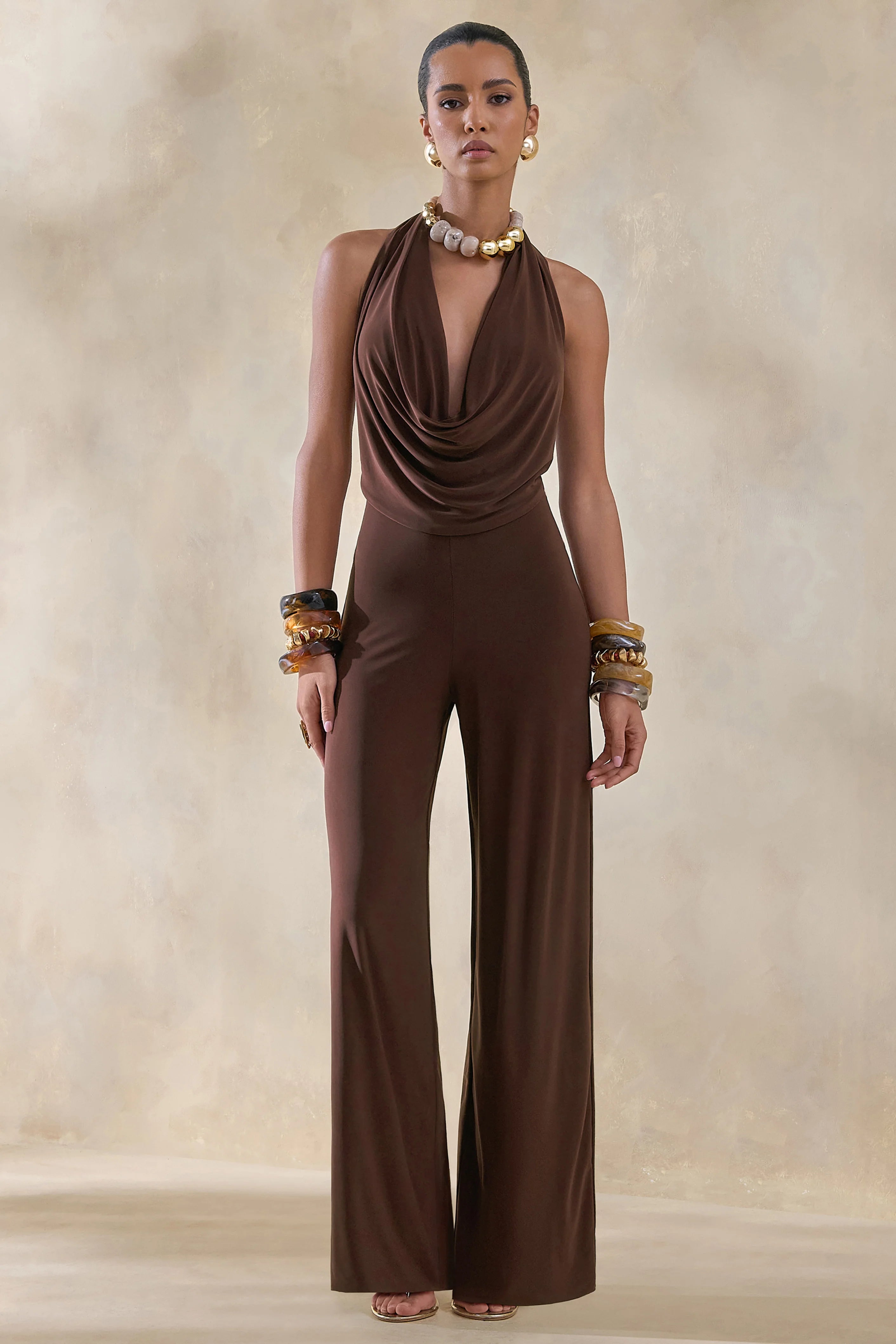Clemence Brown Plunge Neck Jumpsuit
