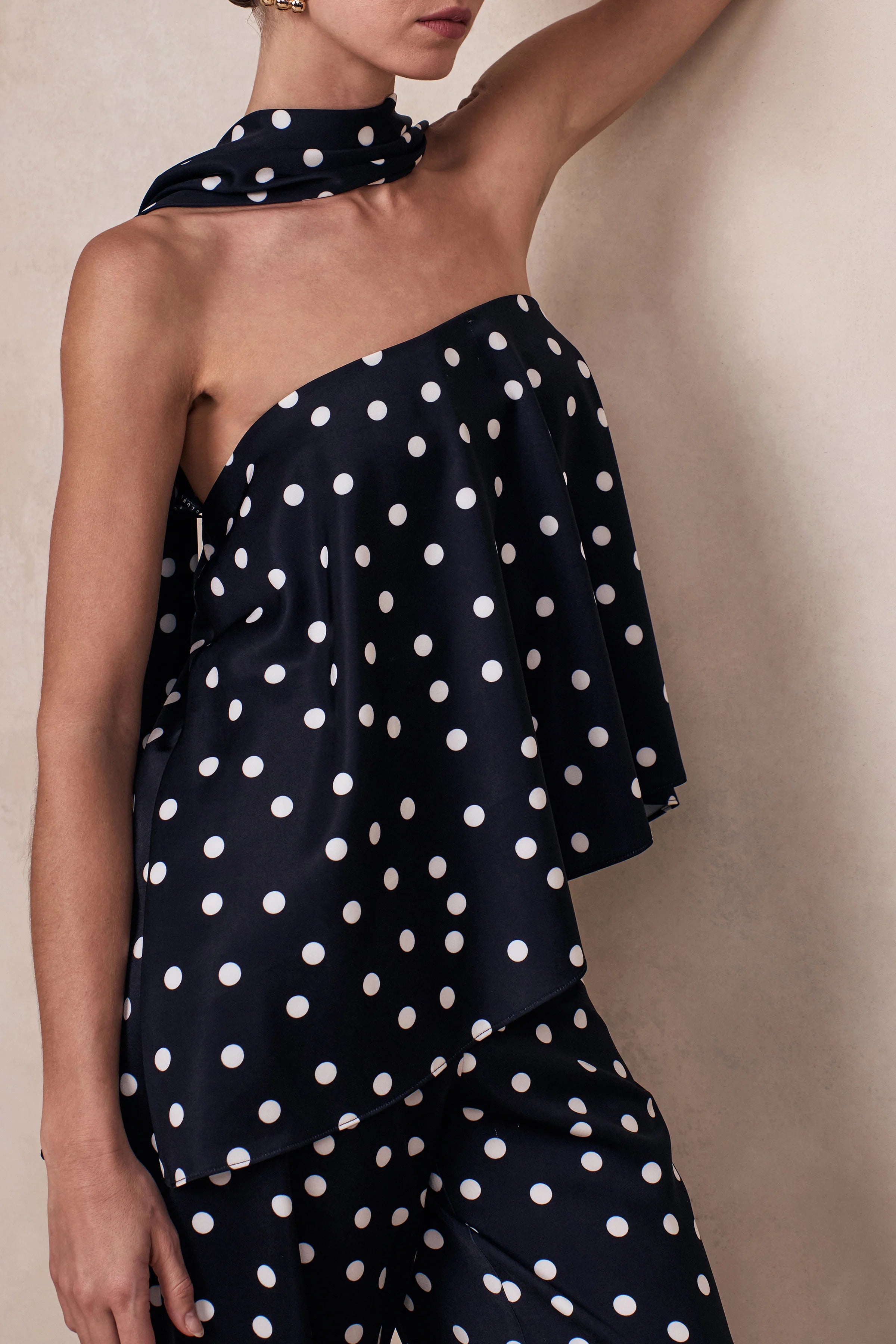 Evandra Black White Satin Polka Dot Bandeau Top With Scarf