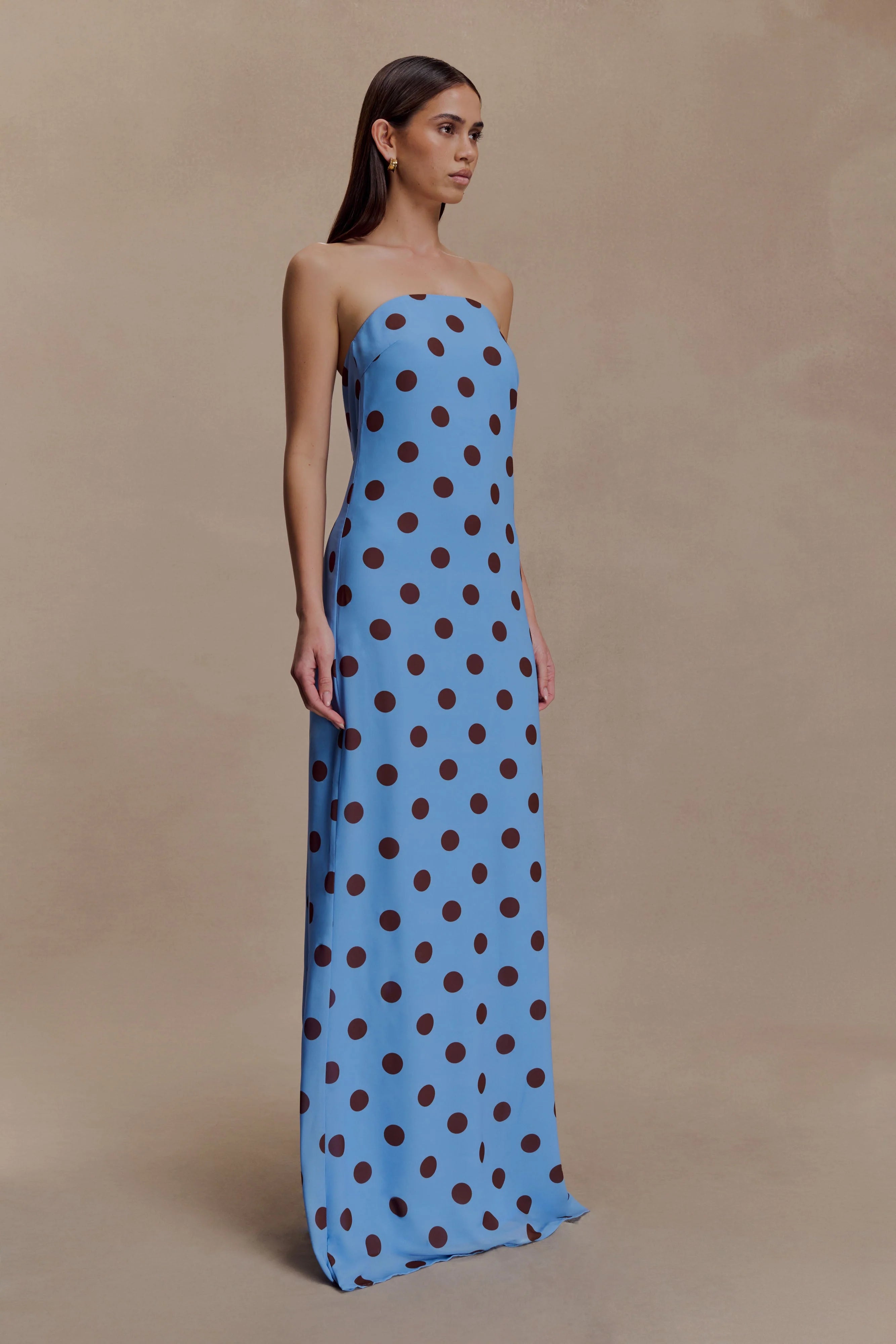 Amaya Strapless Chiffon Maxi Dress Blue Polka Dot