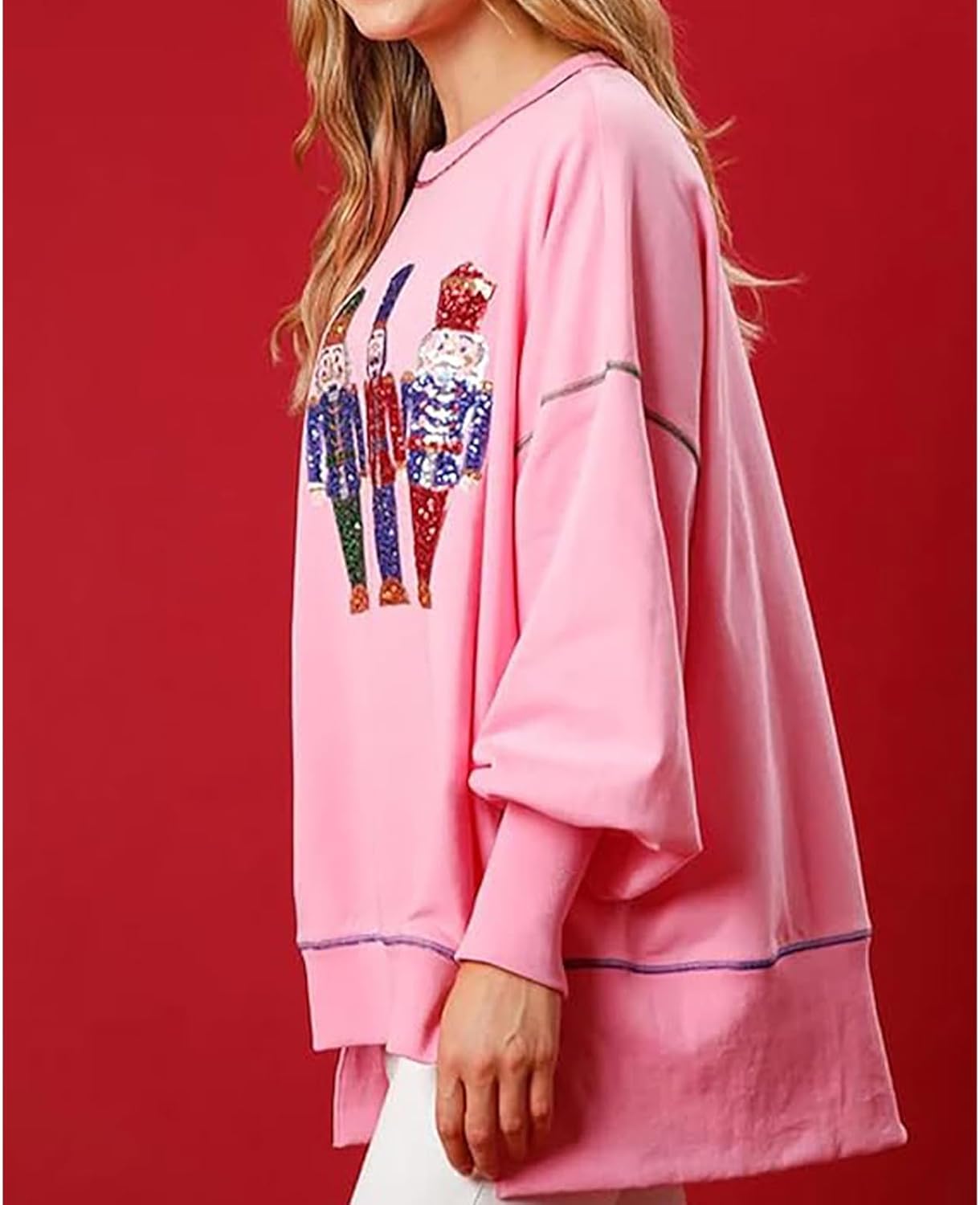 Christmas Sweatshirt for Women Funny Sequin Sweater Nutcracker Santa Xmas Graphic Oversized Pullover Tops