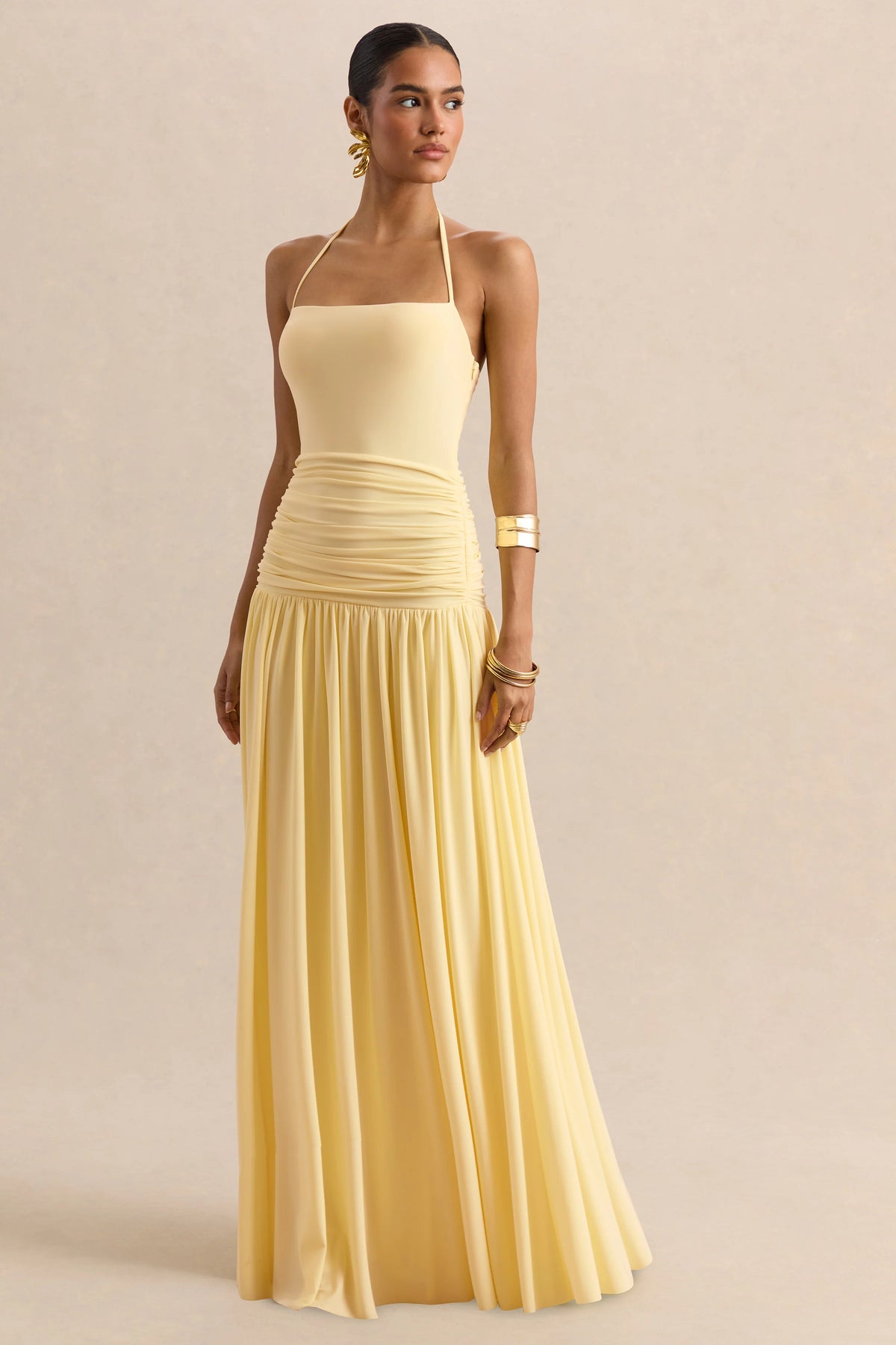 Nicolette Lemon Square Neck Maxi Dress With Ruched Detailing