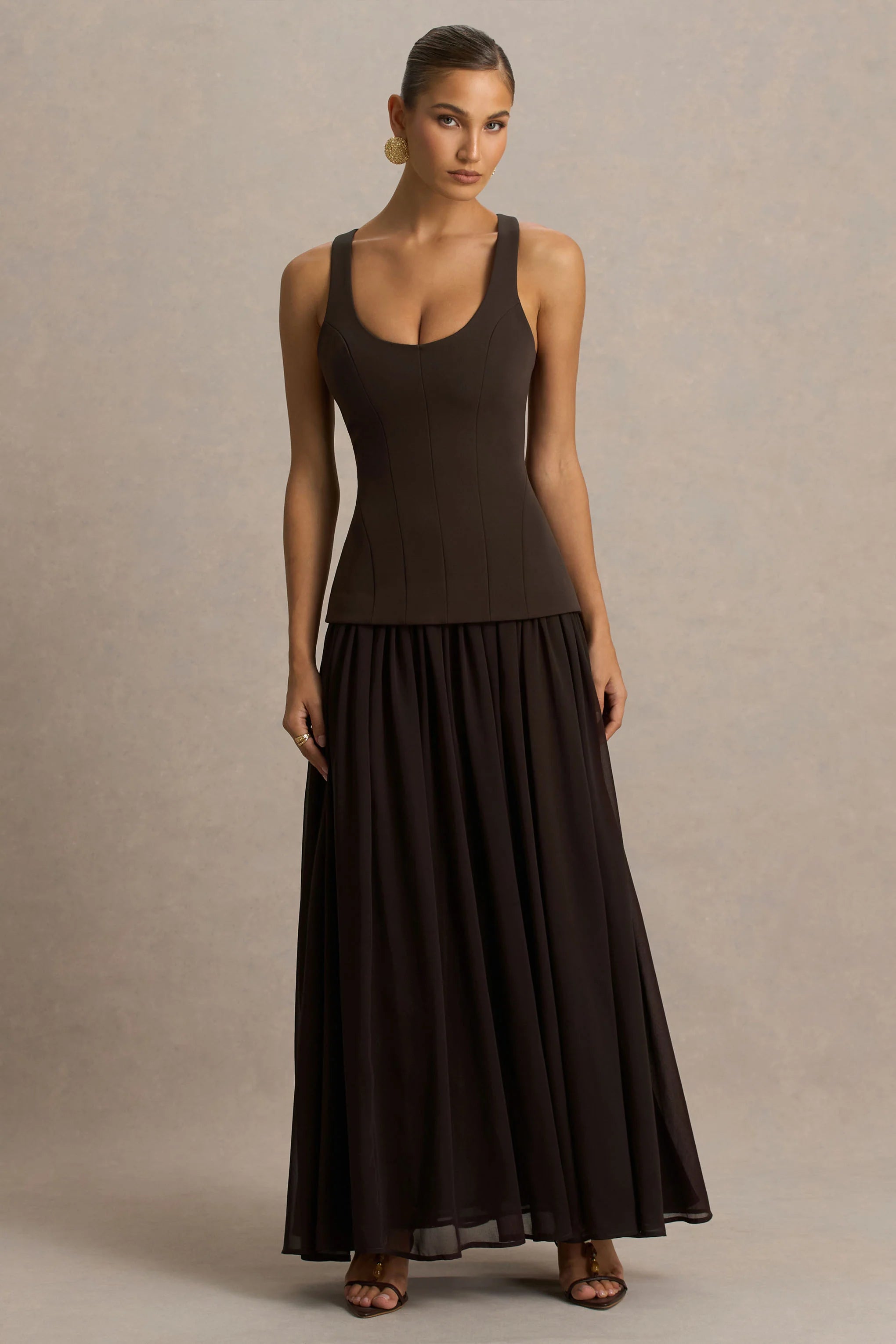 Kelly Brown Scoop Neck Maxi Dress With Pleated Mesh Skirt