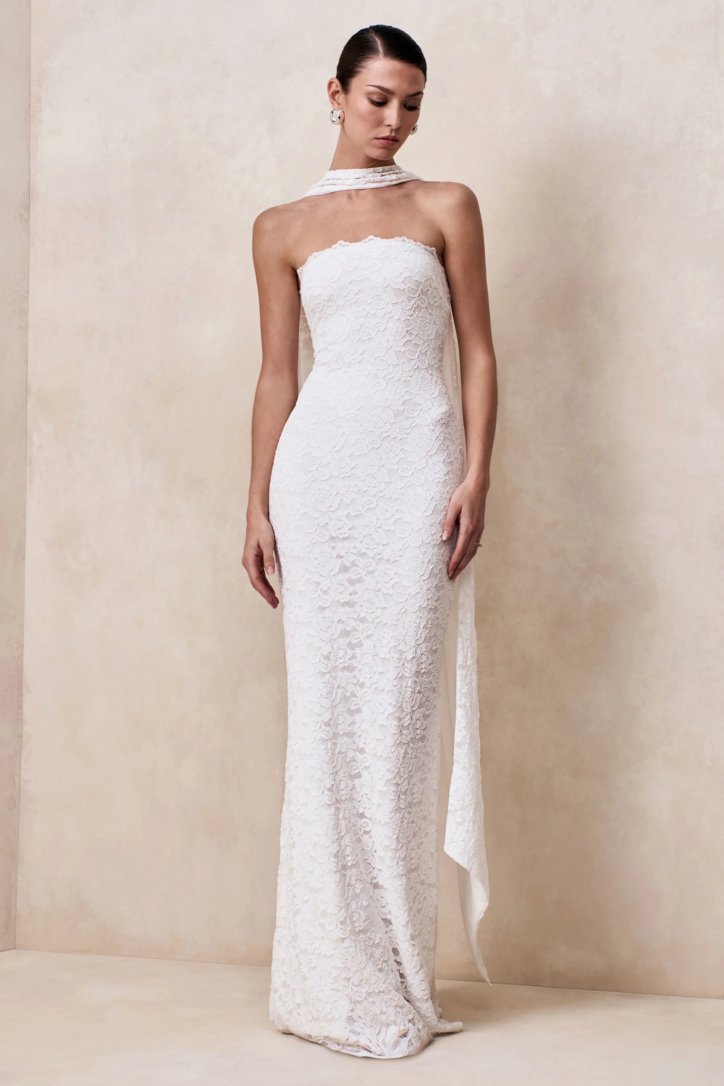 Massima White Lace Bandeau Maxi Dress With Scarf Detail
