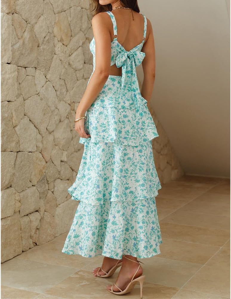 Women Floral Maxi Dress Sleeveless Bow Back Tiered Boho Flowy Long Dresses Summer Fall