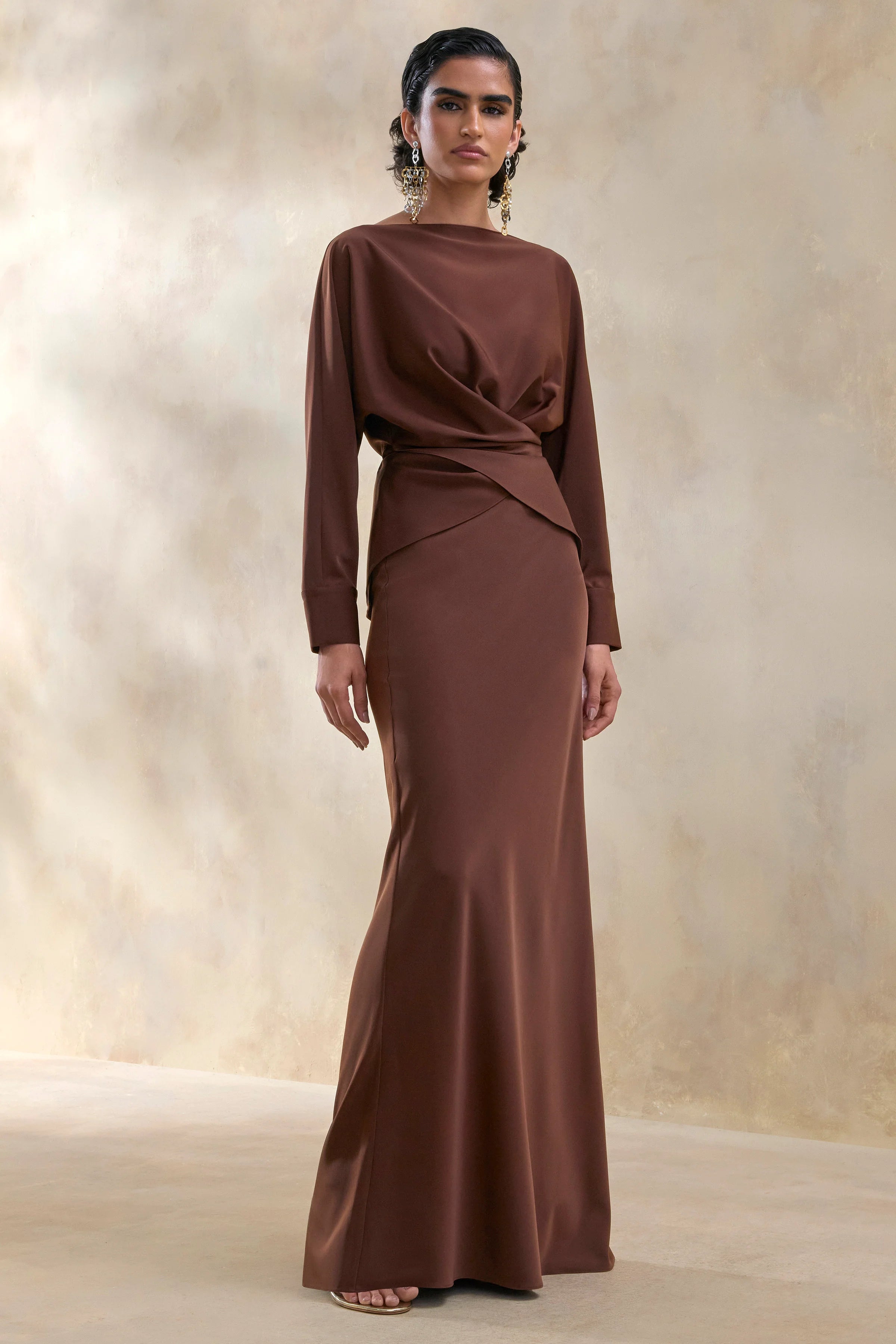 Elaria Brown Satin Maxi Skirt