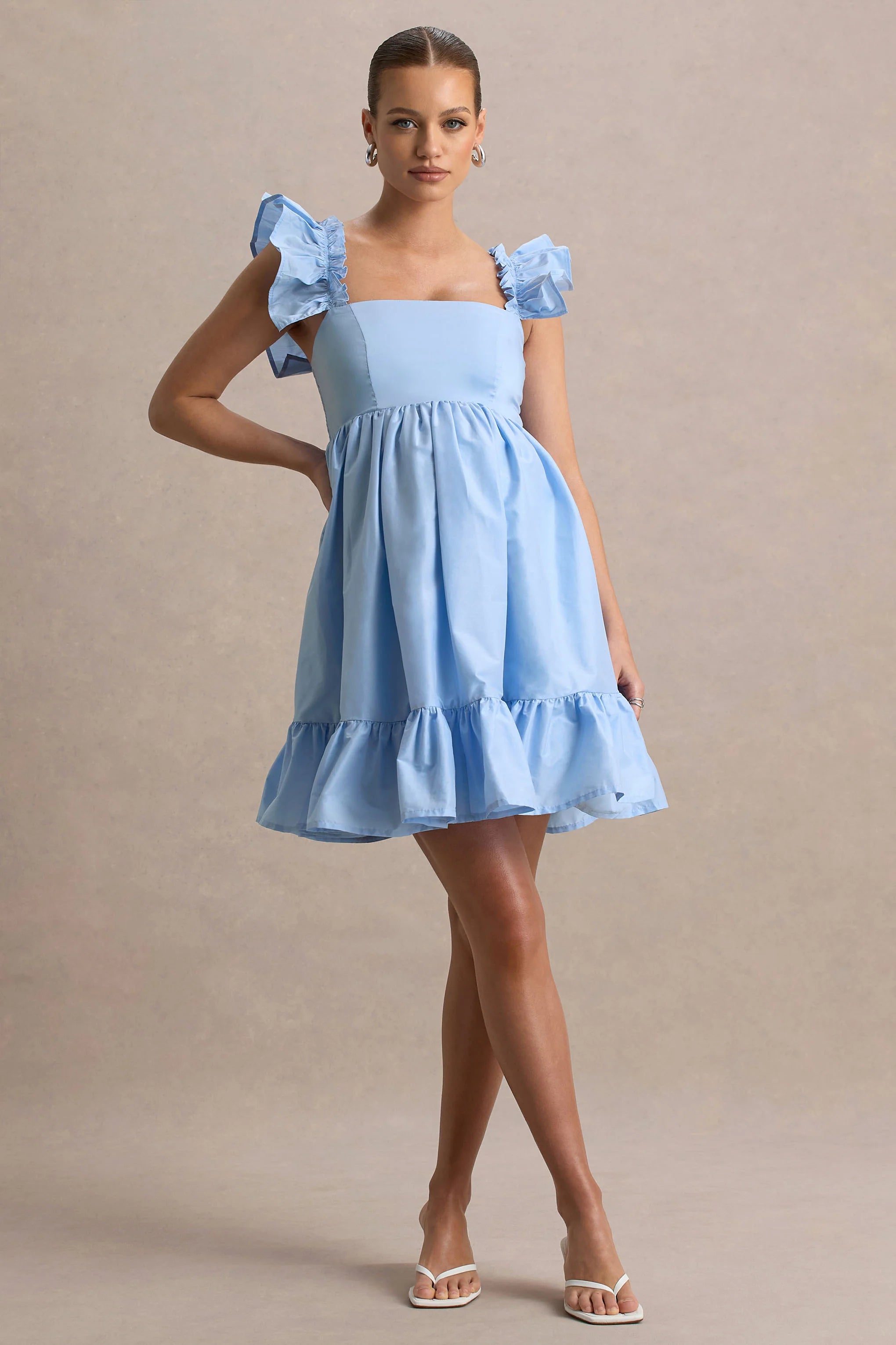 Dolly Daze Powder Blue Ruffle Sleeve Babydoll Maternity Mini Dress