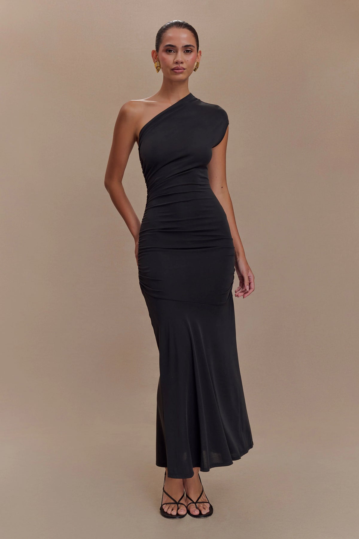 Chloe Peached Jersey One Shoulder Midi Dress Black