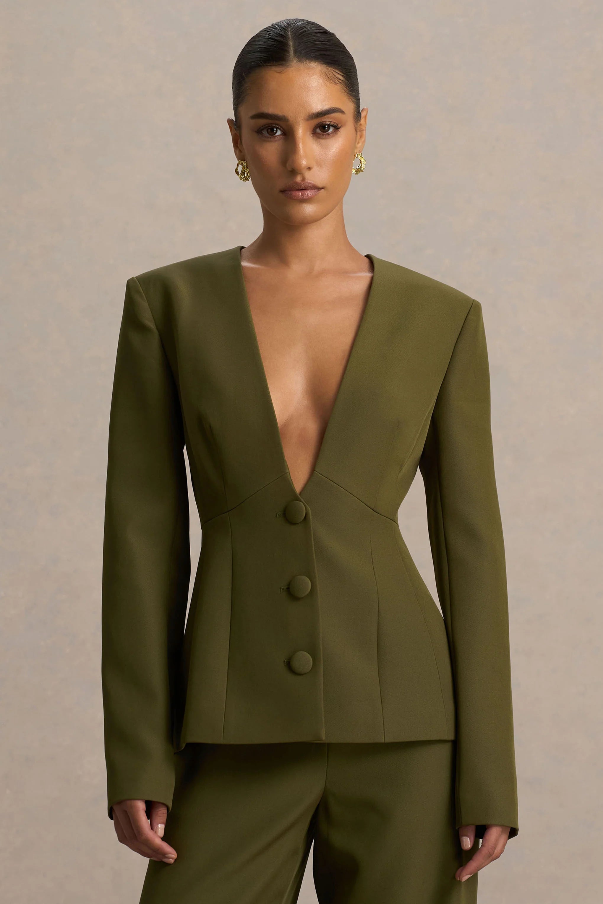 Rosalina Olive Extreme Plunge Neck Tailored Blazer
