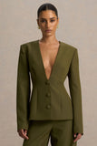 Rosalina Olive Extreme Plunge Neck Tailored Blazer