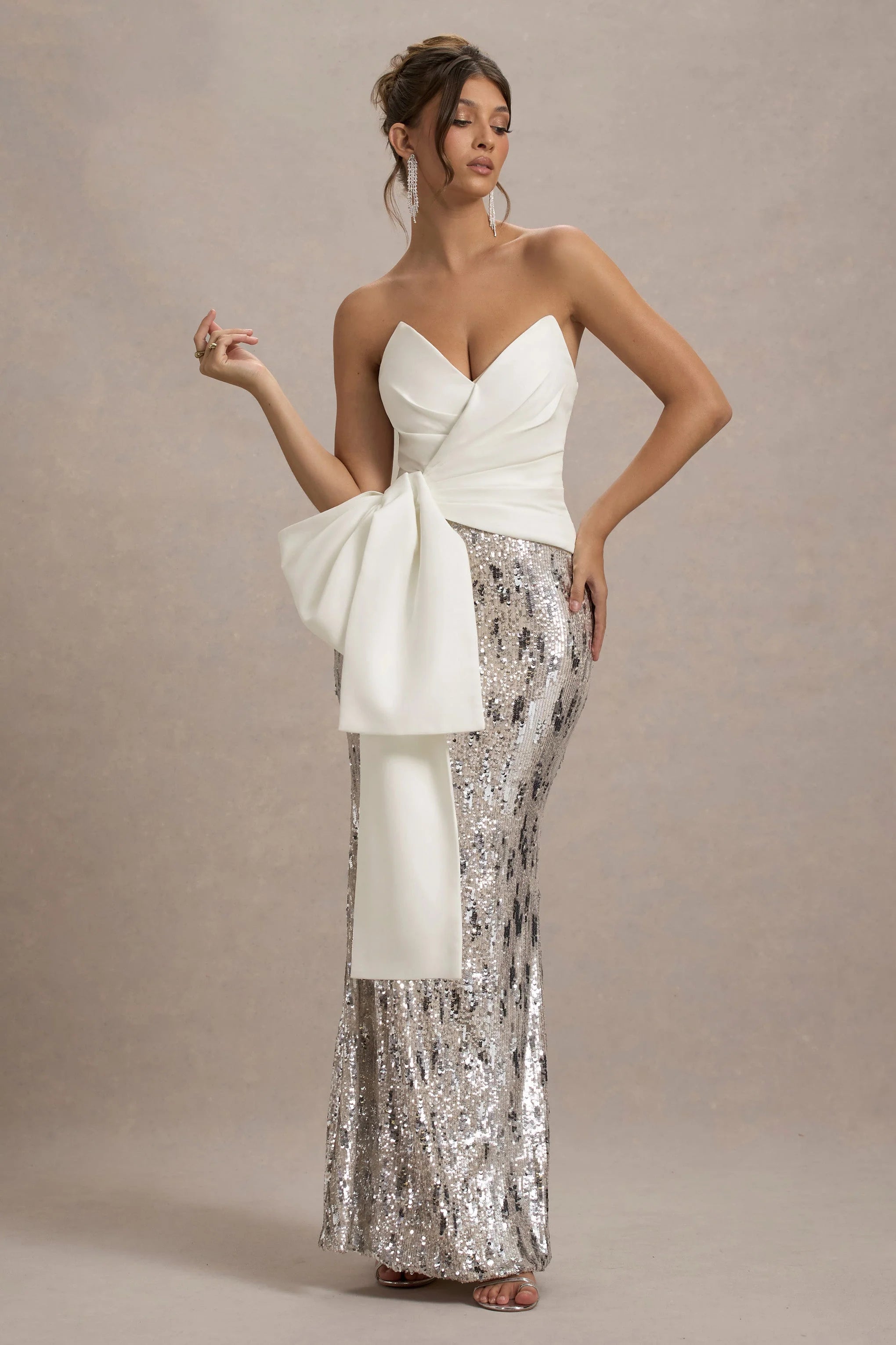 Ceres Ecru Strapless Draped Maxi Dress With Sequin Skirt