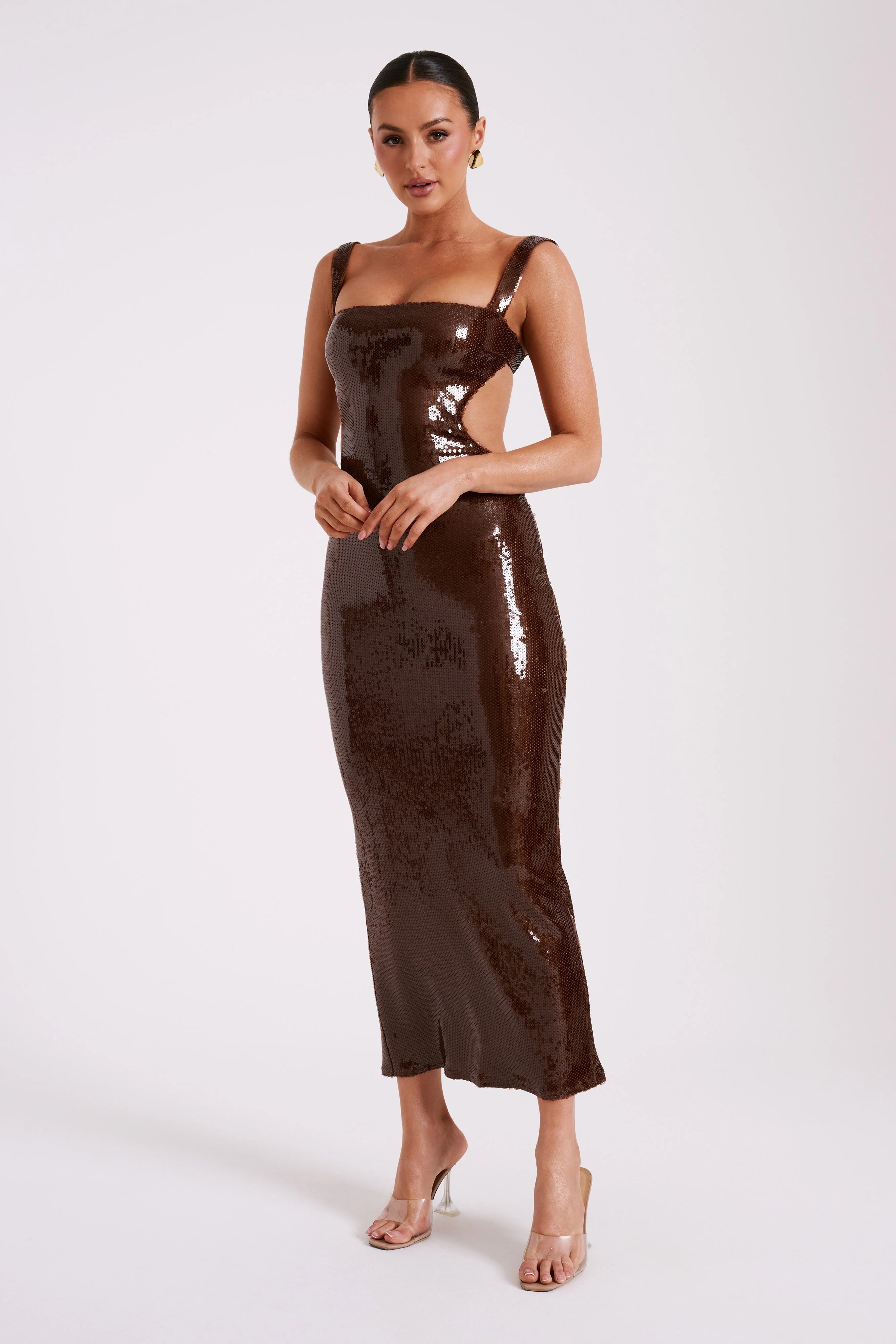 Adoria Sequin Cut Out Maxi Dress Chocolate