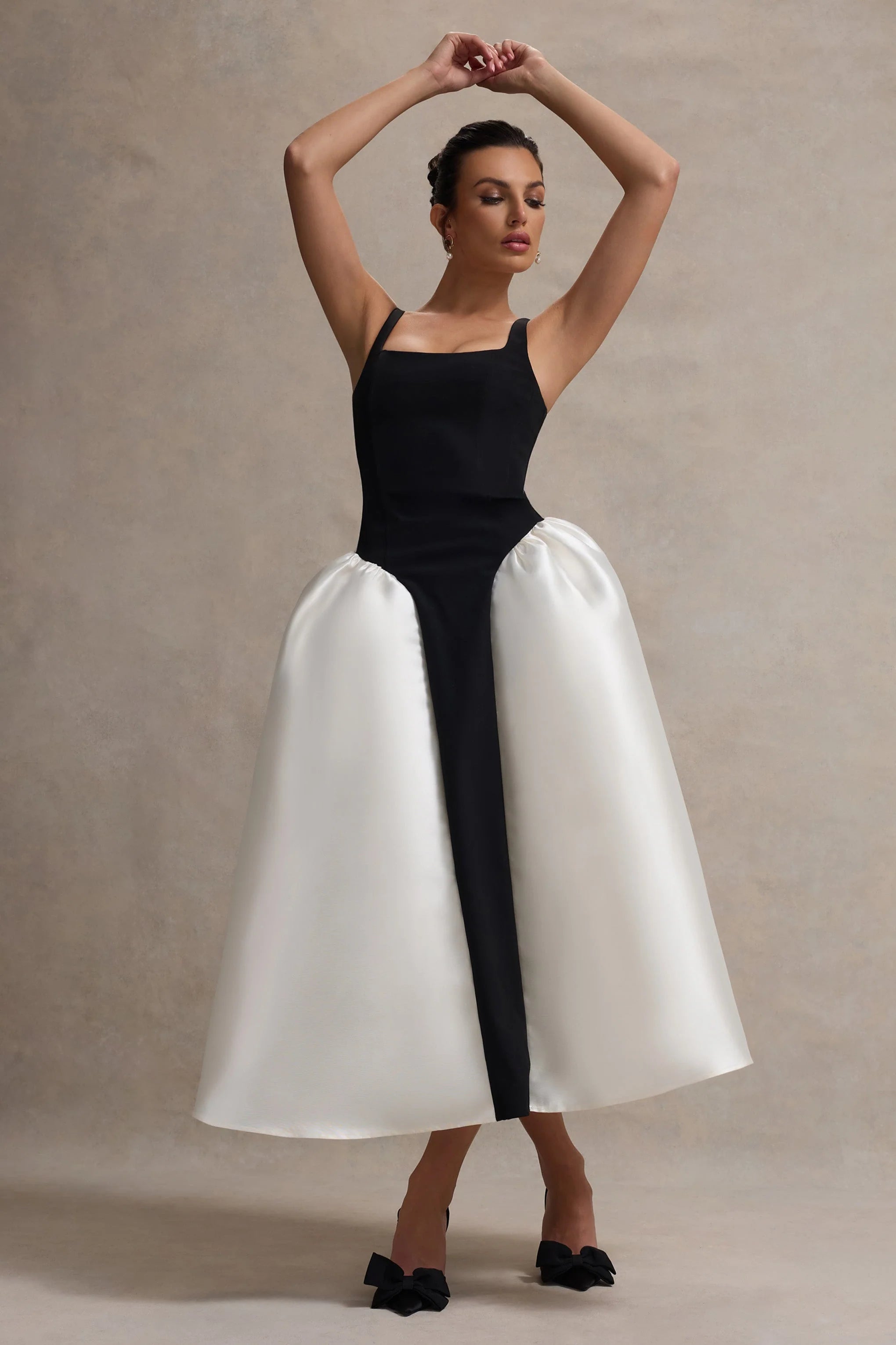 Christie Black and Cream Scoop Neck Midi Dress With Volume Skirt